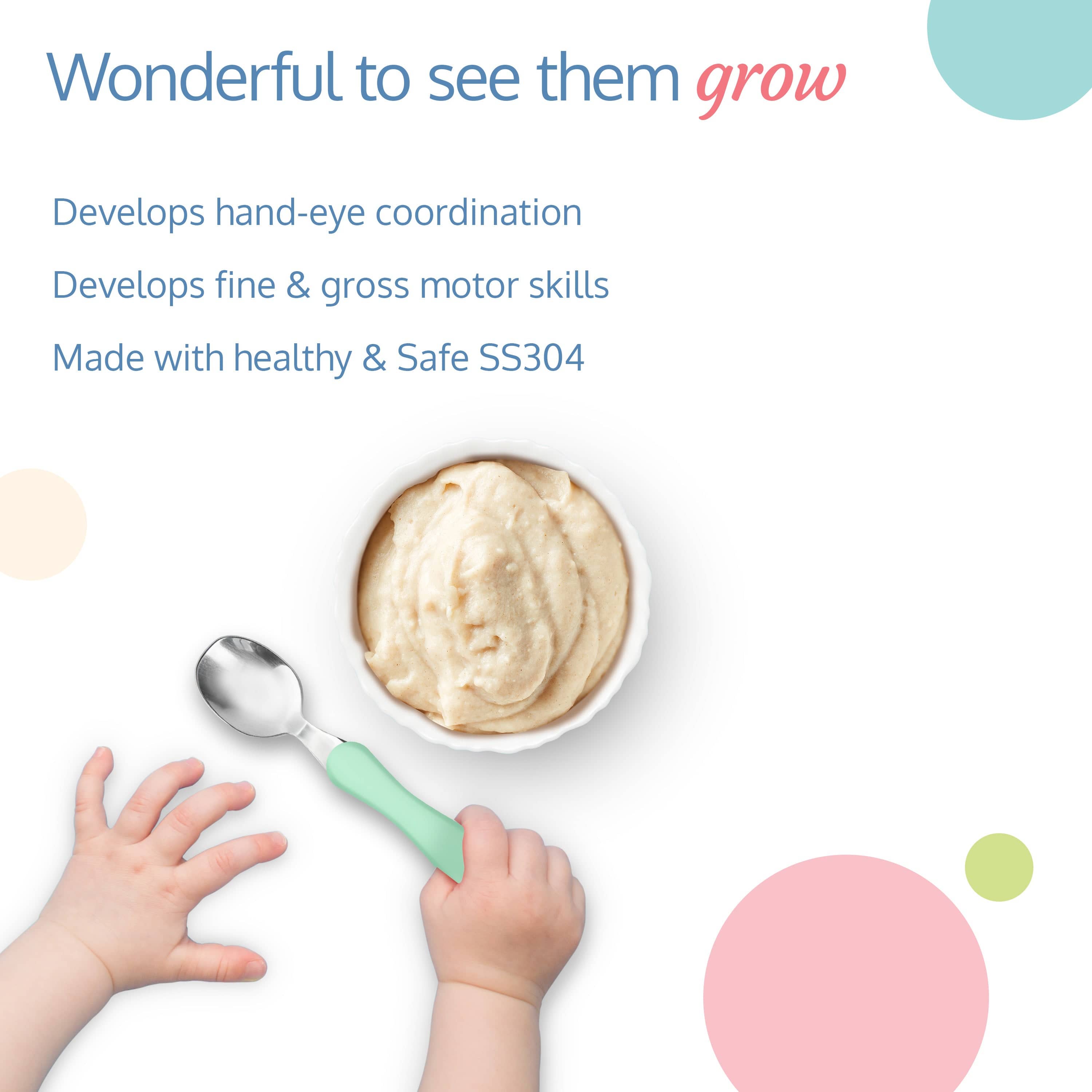 LuvLap Premium Stainless Steel Baby Spoon & Fork Set for Baby Feeding, Stainless Steel Spoon and Fork Set, Food Grade PP Spoon, BPA Free Feeding Spoon for Kids of 12+ Months (Light Green)