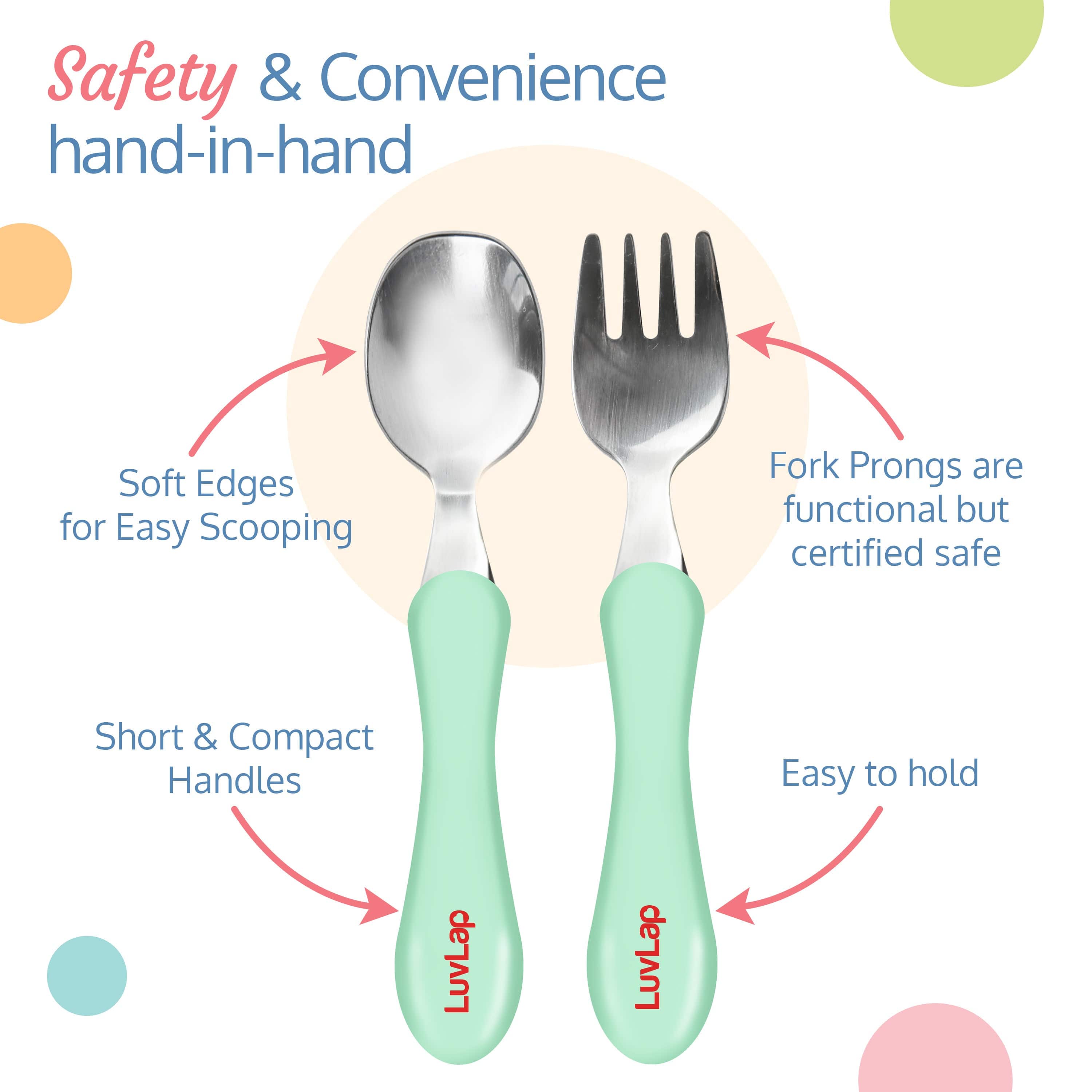 LuvLap Premium Stainless Steel Baby Spoon & Fork Set for Baby Feeding, Stainless Steel Spoon and Fork Set, Food Grade PP Spoon, BPA Free Feeding Spoon for Kids of 12+ Months (Light Green)