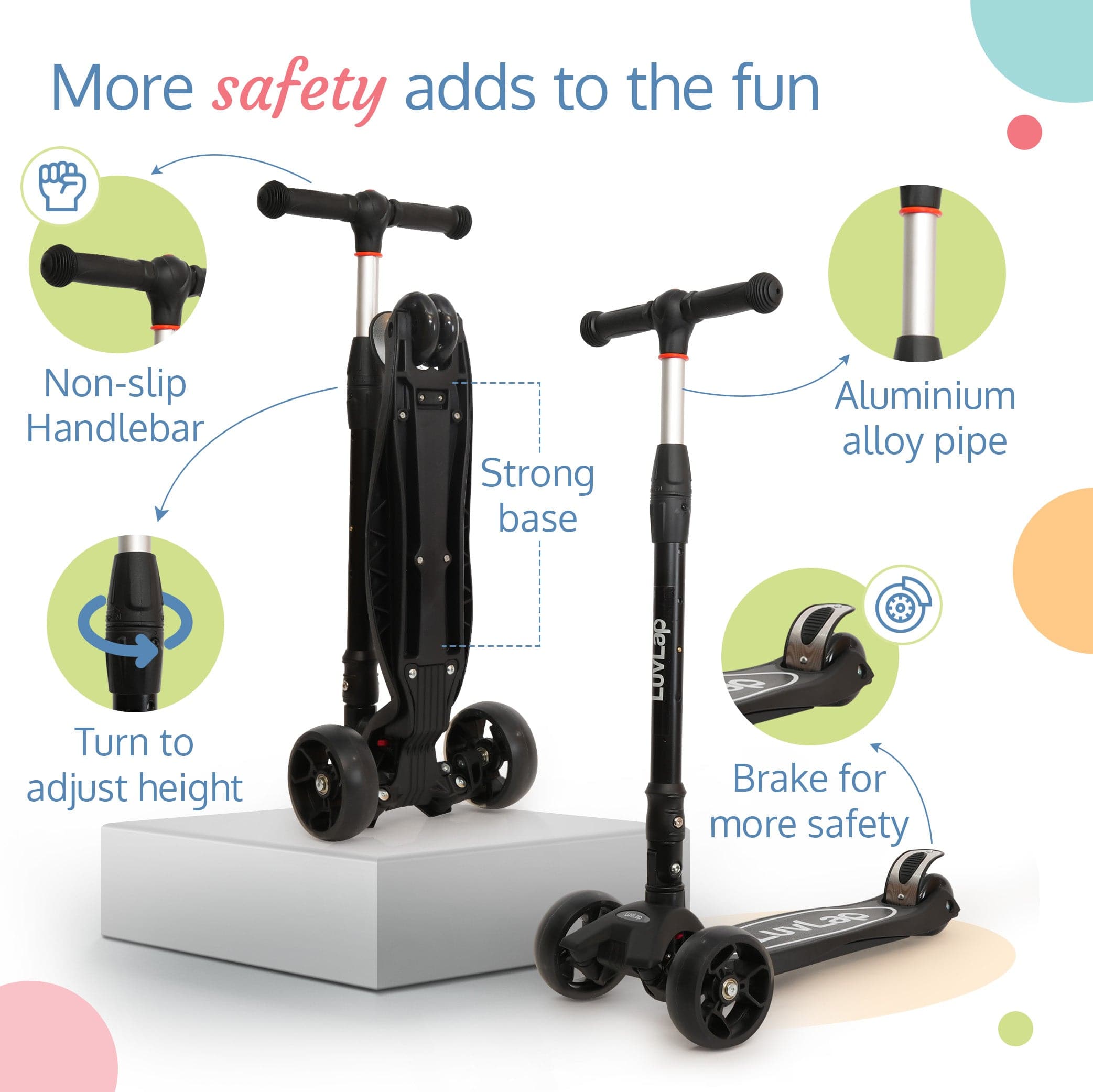 LuvLap Joy Scooter for Kids- Toddler 3-Wheel Kick Scooter with LED Lights | Stable First Ride for 3-10 Year | Adjustable Height & Easy-Grip Handlebars | Fun Outdoor Gear for Kids, Black