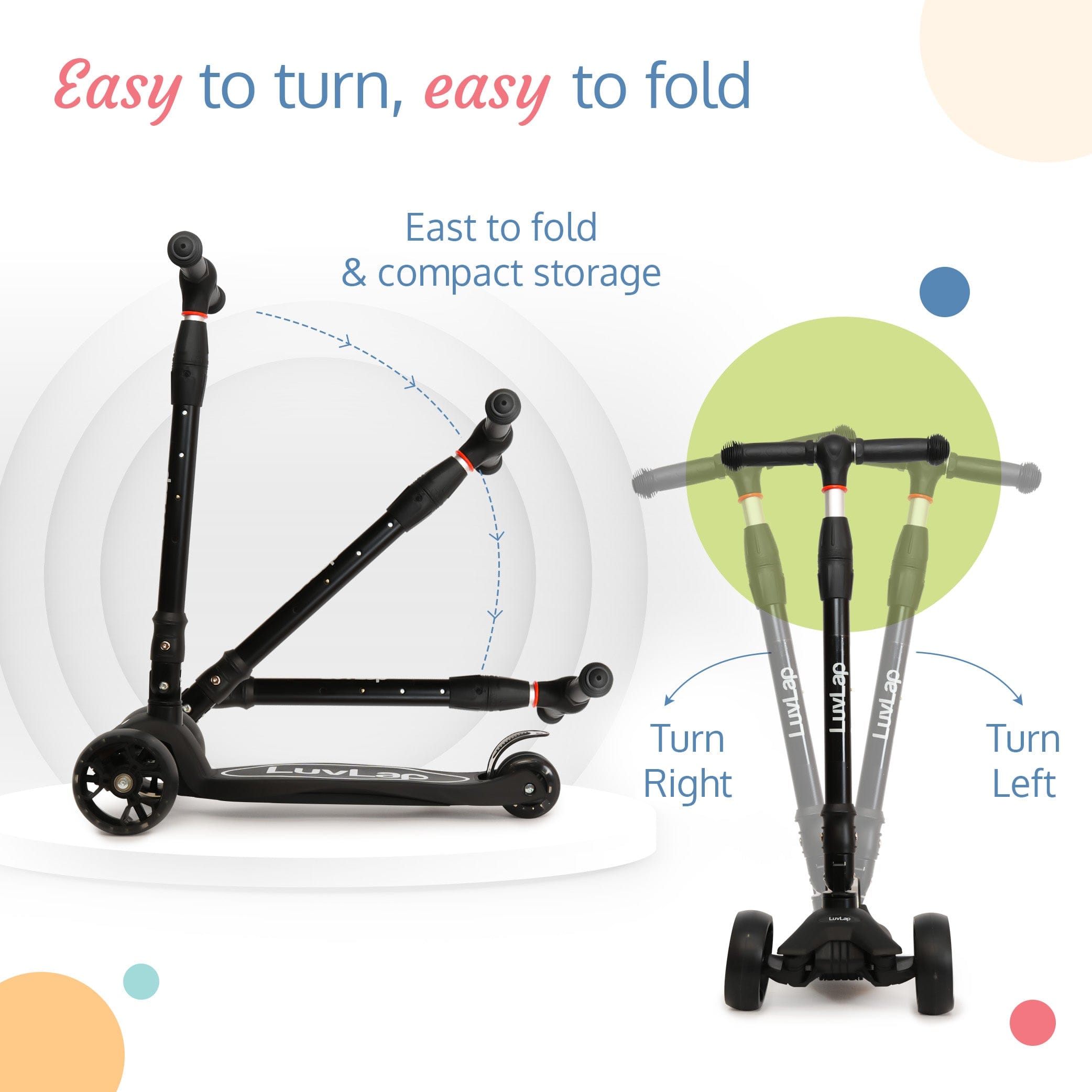 LuvLap Joy Scooter for Kids- Toddler 3-Wheel Kick Scooter with LED Lights | Stable First Ride for 3-10 Year | Adjustable Height & Easy-Grip Handlebars | Fun Outdoor Gear for Kids, Black