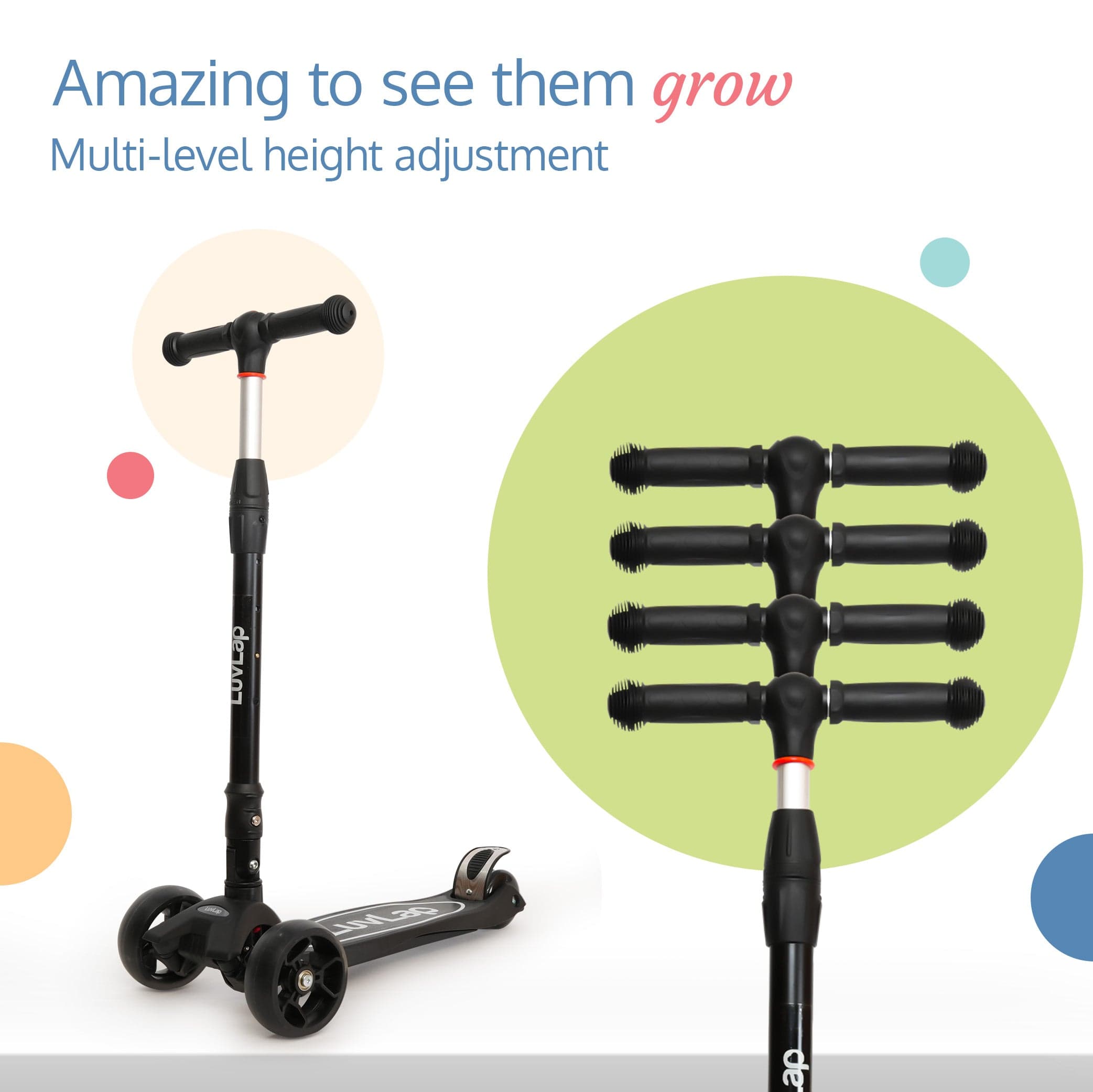 LuvLap Joy Scooter for Kids- Toddler 3-Wheel Kick Scooter with LED Lights | Stable First Ride for 3-10 Year | Adjustable Height & Easy-Grip Handlebars | Fun Outdoor Gear for Kids, Black