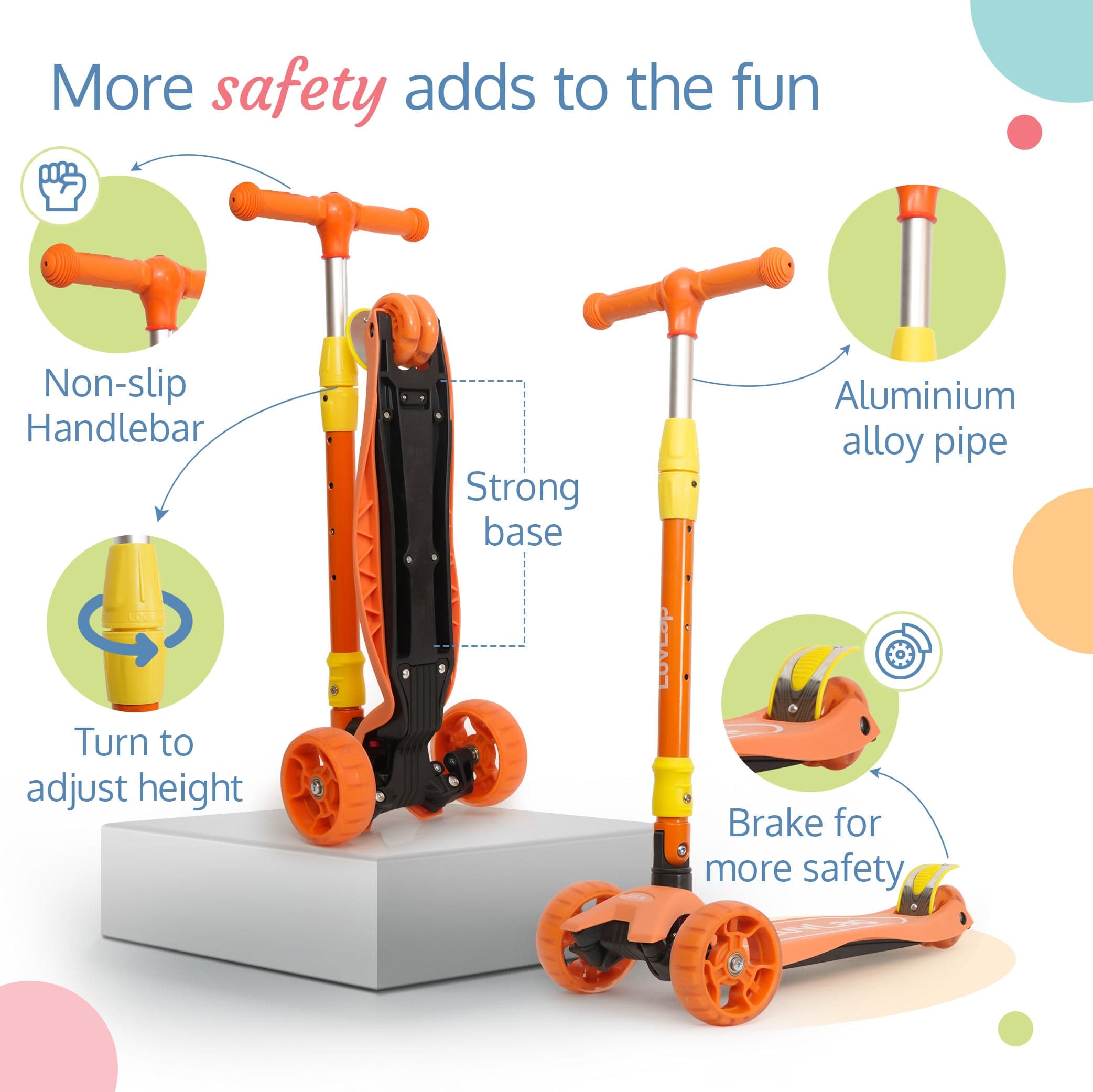 LuvLap Joy Scooter for Kids- Toddler 3-Wheel Kick Scooter with LED Lights | Stable First Ride for 3-10 Year | Adjustable Height & Easy-Grip Handlebars | Fun Outdoor Gear for Kids, Orange & Yellow
