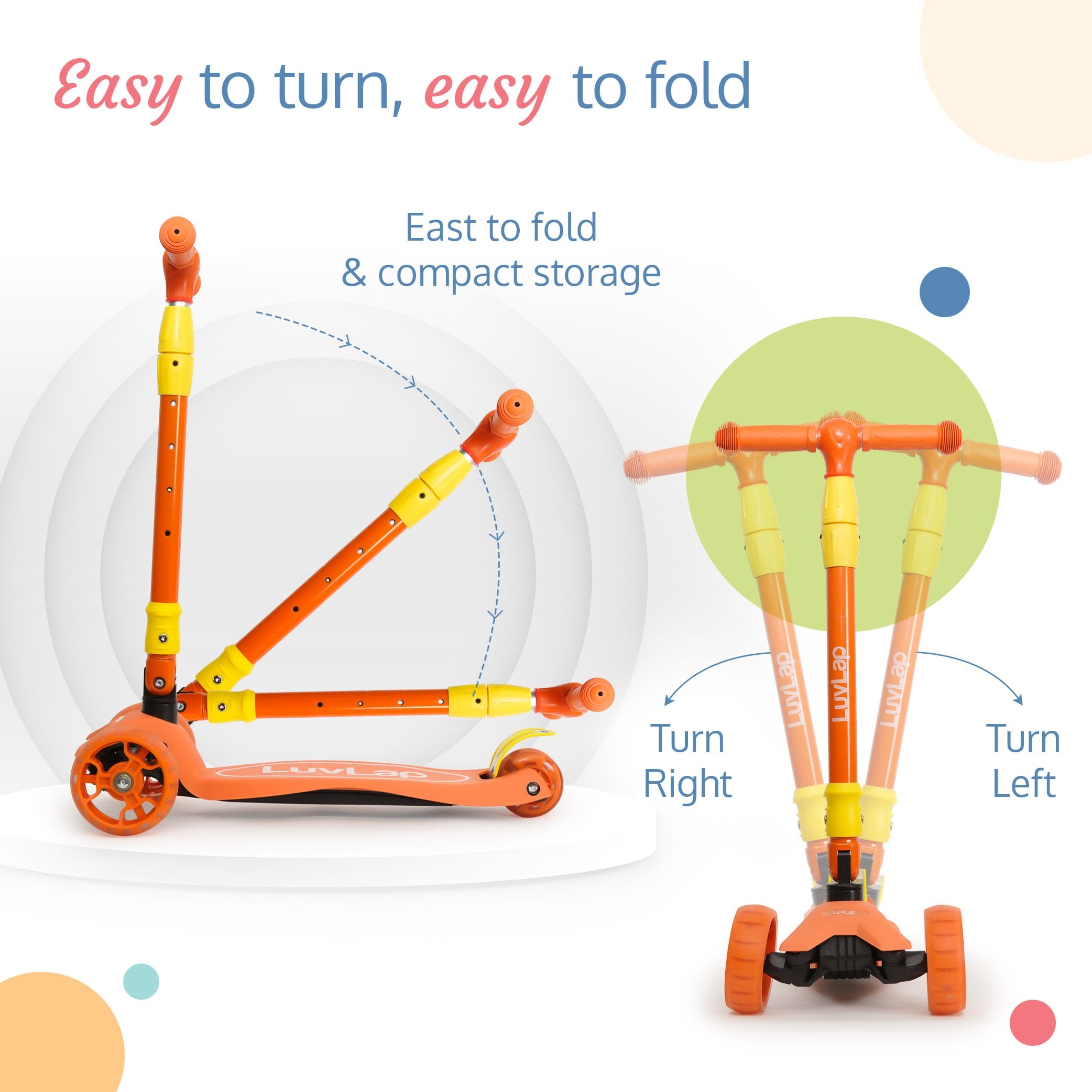 LuvLap Joy Scooter for Kids- Toddler 3-Wheel Kick Scooter with LED Lights | Stable First Ride for 3-10 Year | Adjustable Height & Easy-Grip Handlebars | Fun Outdoor Gear for Kids, Orange & Yellow