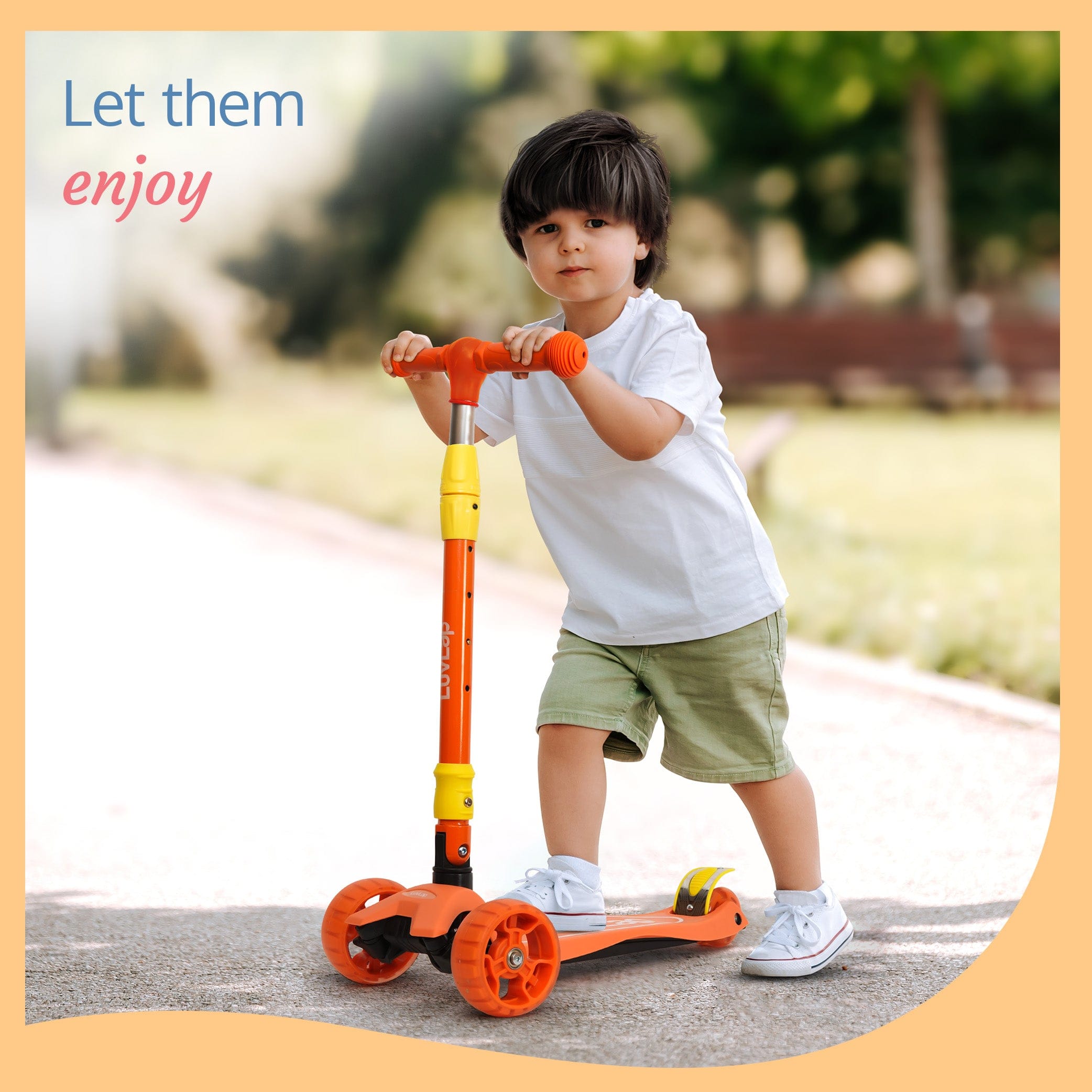 LuvLap Joy Scooter for Kids- Toddler 3-Wheel Kick Scooter with LED Lights | Stable First Ride for 3-10 Year | Adjustable Height & Easy-Grip Handlebars | Fun Outdoor Gear for Kids, Orange & Yellow