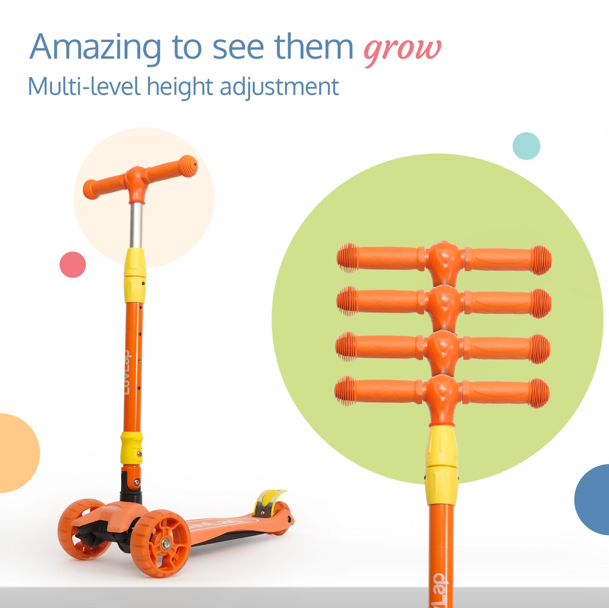 LuvLap Joy Scooter for Kids- Toddler 3-Wheel Kick Scooter with LED Lights | Stable First Ride for 3-10 Year | Adjustable Height & Easy-Grip Handlebars | Fun Outdoor Gear for Kids, Orange & Yellow