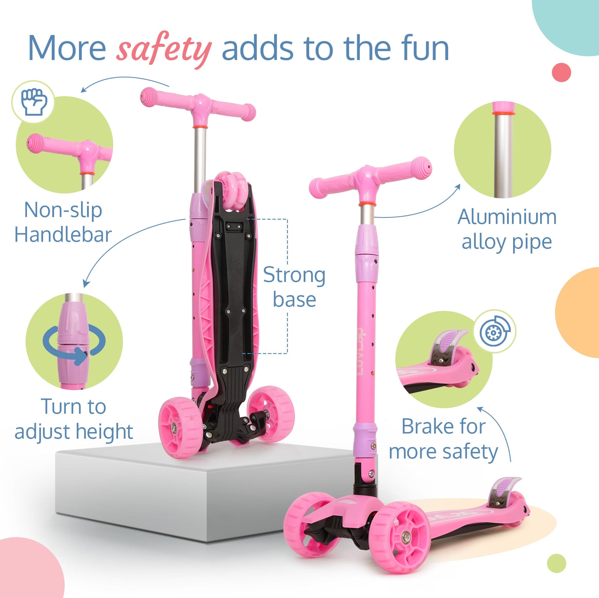 LuvLap Joy Scooter for Kids- Toddler 3-Wheel Kick Scooter with LED Lights | Safe & Stable First Ride for 3-10 Year Olds | Adjustable Height & Easy-Grip Handlebars | Fun Outdoor Gear for Kids, Pink