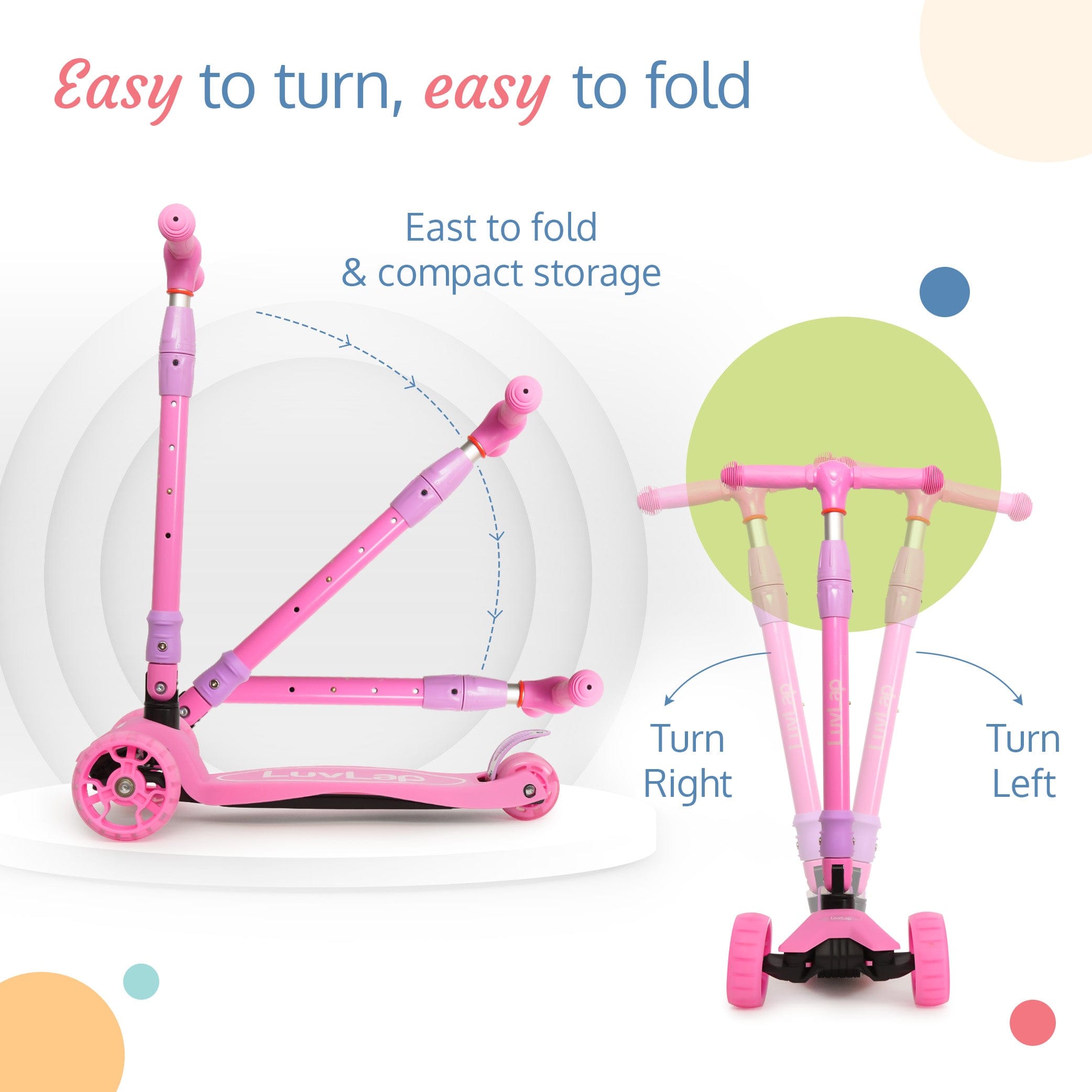 LuvLap Joy Scooter for Kids- Toddler 3-Wheel Kick Scooter with LED Lights | Safe & Stable First Ride for 3-10 Year Olds | Adjustable Height & Easy-Grip Handlebars | Fun Outdoor Gear for Kids, Pink