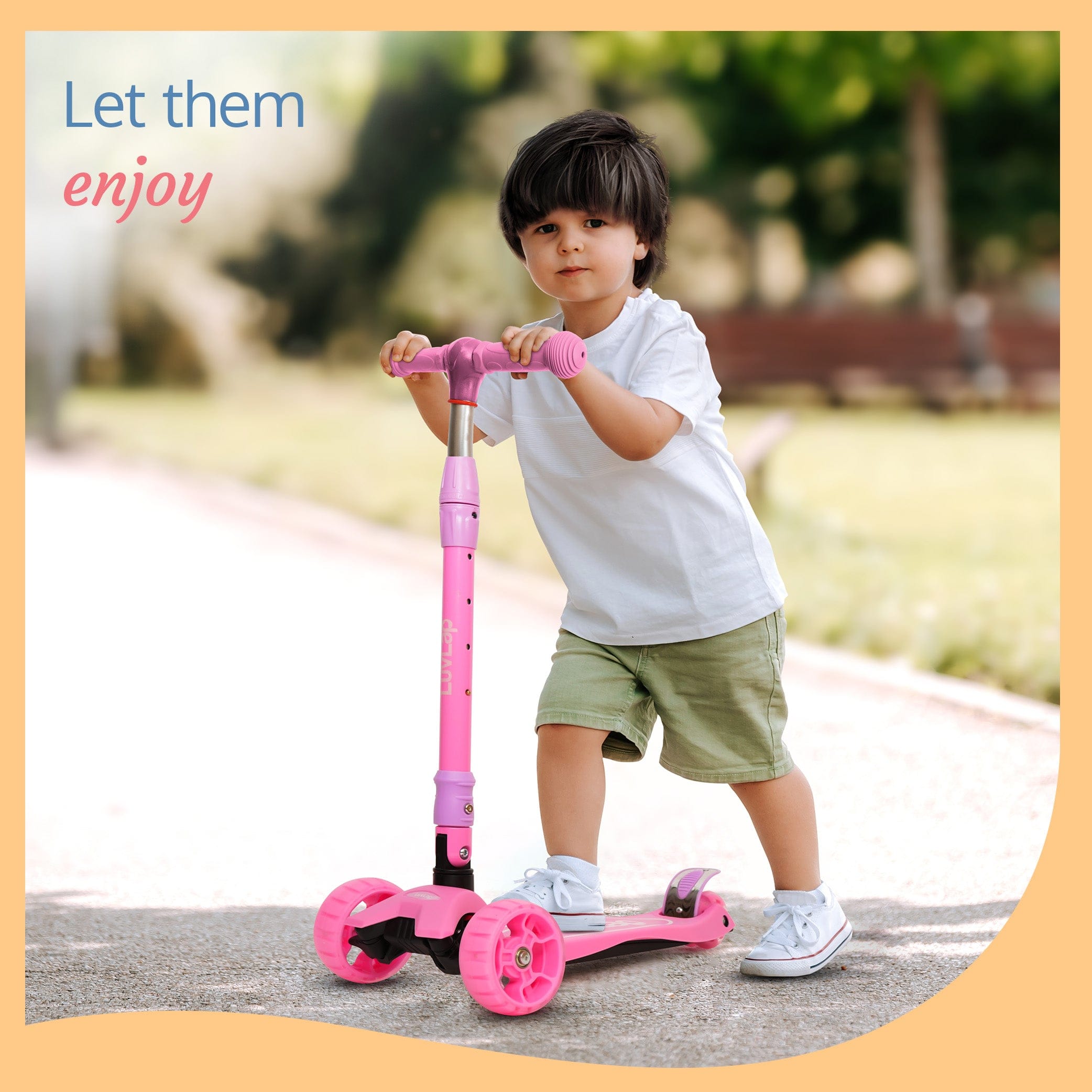 LuvLap Joy Scooter for Kids- Toddler 3-Wheel Kick Scooter with LED Lights | Safe & Stable First Ride for 3-10 Year Olds | Adjustable Height & Easy-Grip Handlebars | Fun Outdoor Gear for Kids, Pink