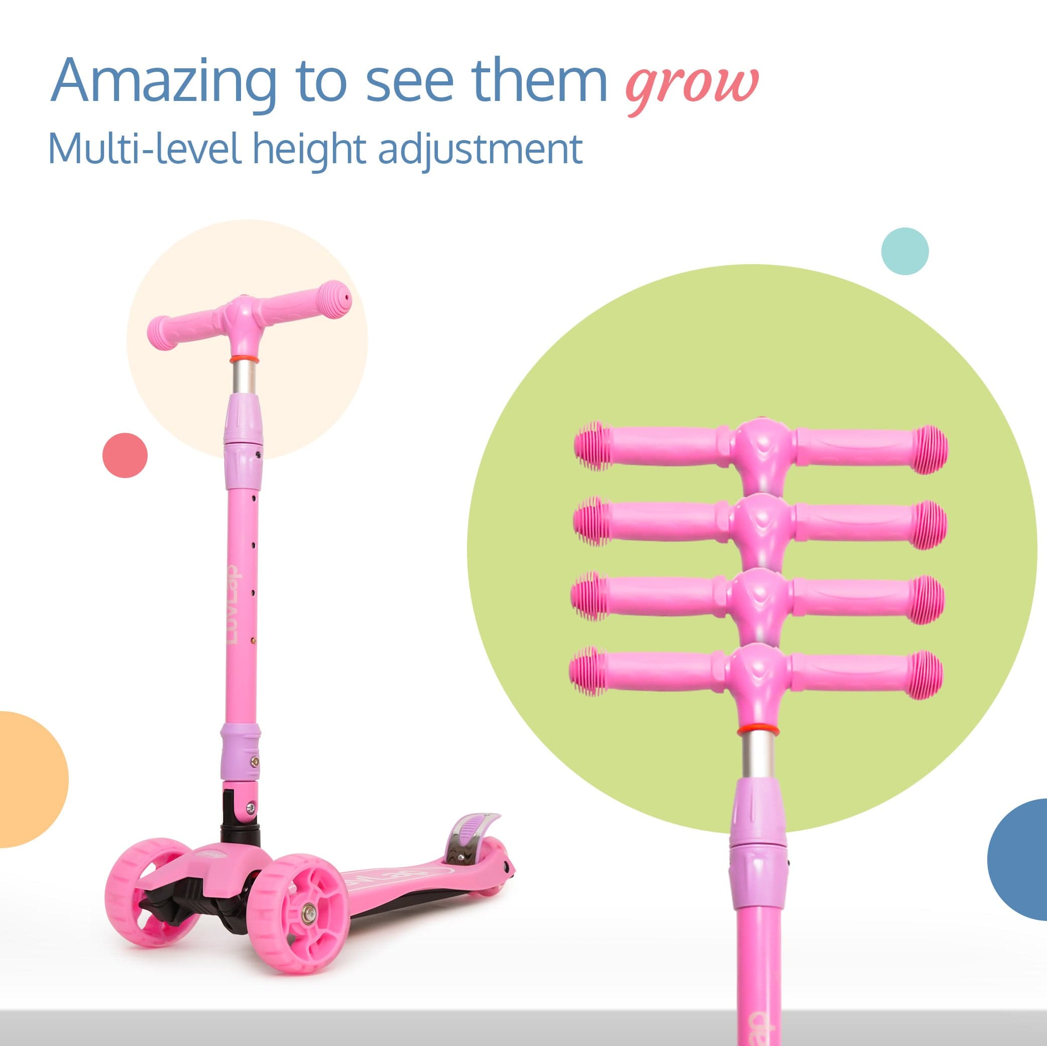LuvLap Joy Scooter for Kids- Toddler 3-Wheel Kick Scooter with LED Lights | Safe & Stable First Ride for 3-10 Year Olds | Adjustable Height & Easy-Grip Handlebars | Fun Outdoor Gear for Kids, Pink