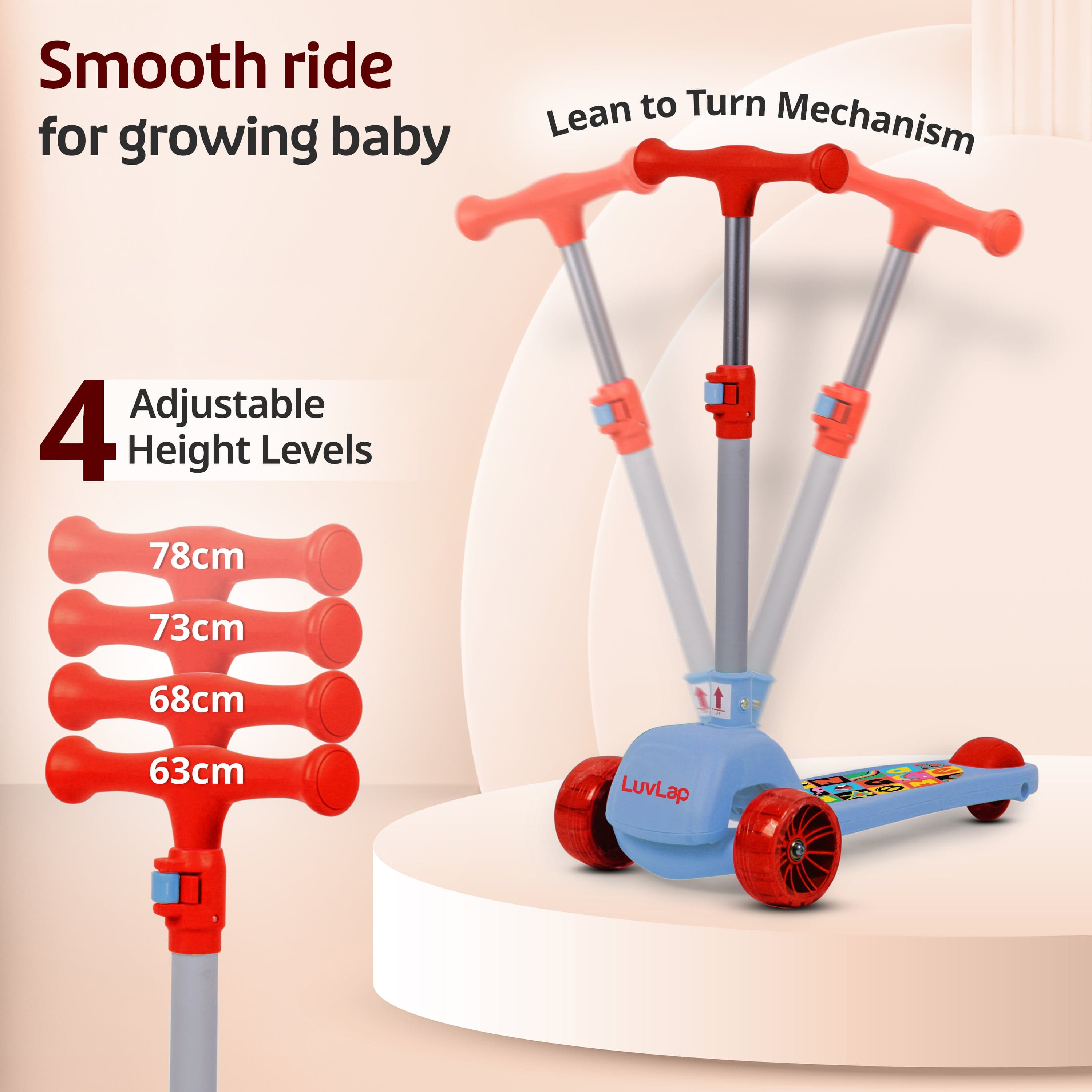 LuvLap Elegant Scooter for Kids - Toddler 3-Wheel Kick Scooter with LED Lights | Stable Wide Deck for 3-10 Year | Adjustable Height & Easy-Grip Handlebars | Fun Outdoor Gear for Kids, Blue & Red