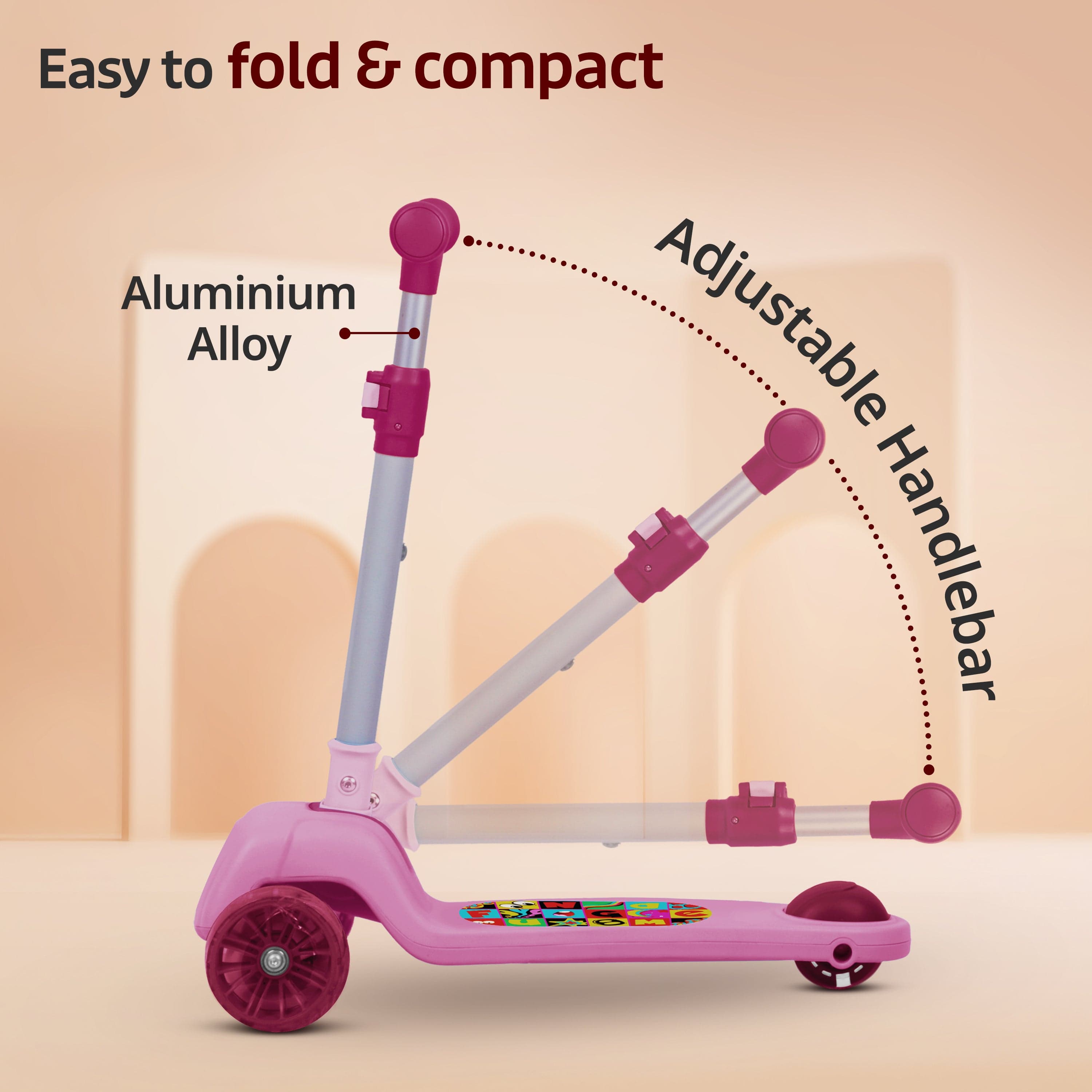 LuvLap Elegant Scooter for Kids- Toddler 3-Wheel Kick Scooter with LED Lights | Stable Wide Deck for 3-10Year | Adjustable Height & Easy-Grip Handlebars | Fun Outdoor gear for Kids, Pink