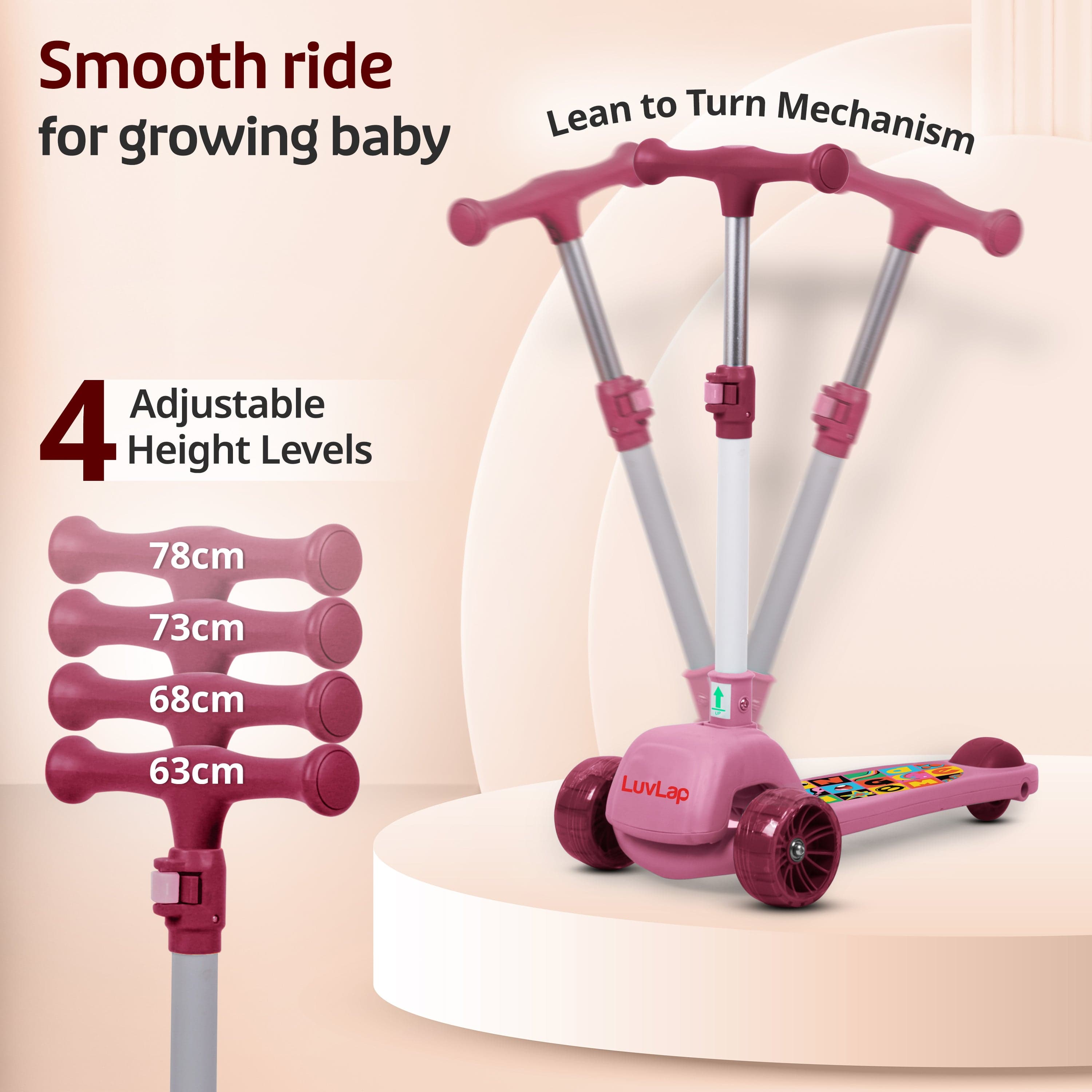 LuvLap Elegant Scooter for Kids- Toddler 3-Wheel Kick Scooter with LED Lights | Stable Wide Deck for 3-10Year | Adjustable Height & Easy-Grip Handlebars | Fun Outdoor gear for Kids, Pink