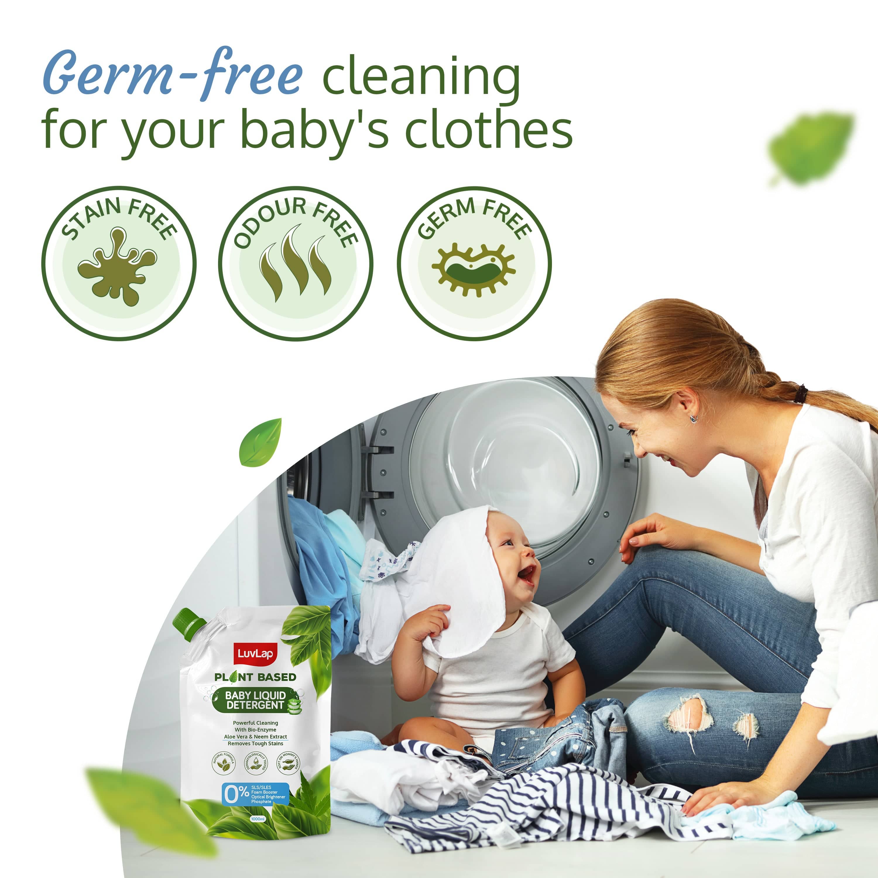 LuvLap Plant Based Baby Laundry Detergent, Refill pack- 1000ml, With Bio-Enzymes, Aloe Vera & Neem, Dermatologically Tested, Free From SLS/SLES, Phosphate & Bleach
