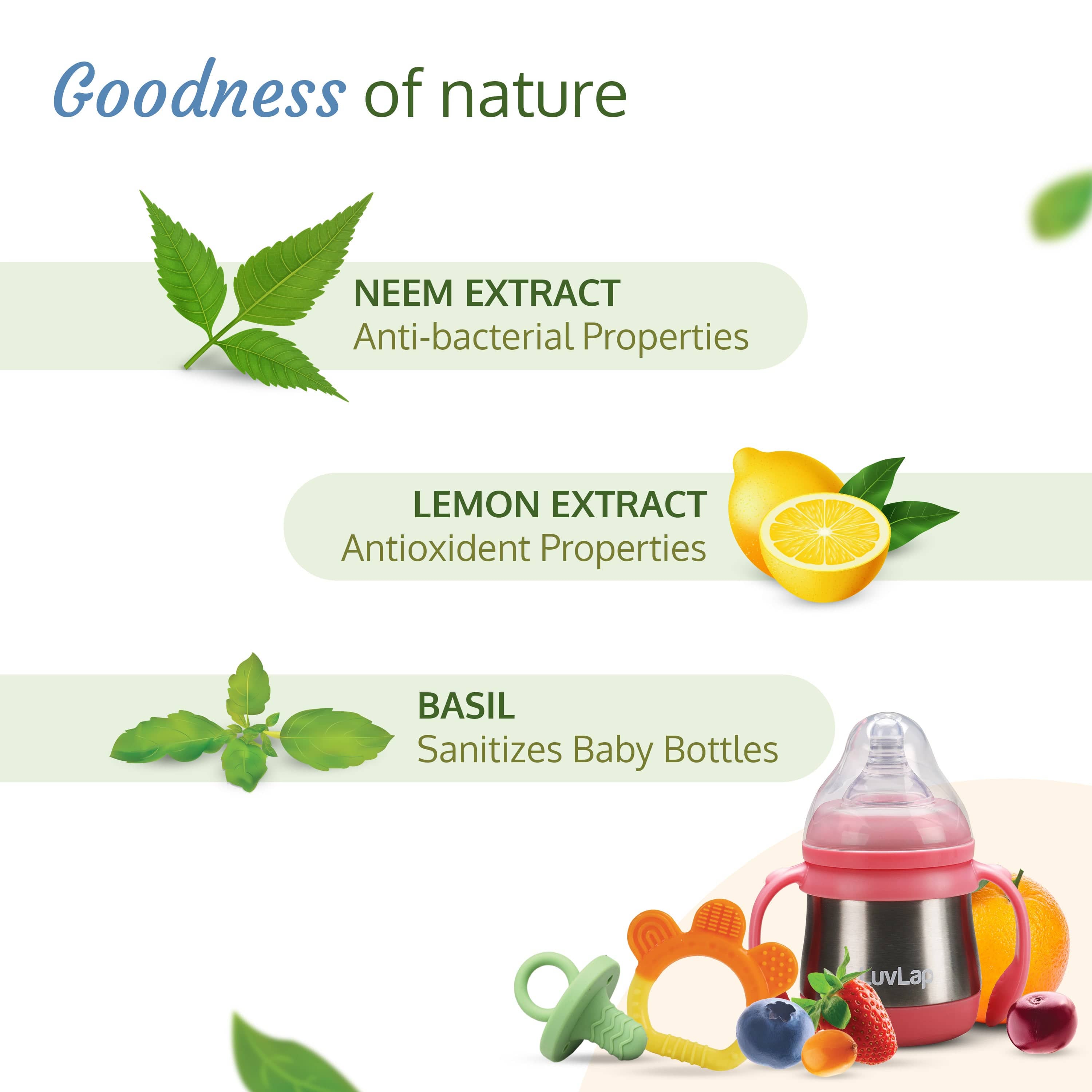 LuvLap Plant Based Liquid Cleanser, 500ml, With Neem, Lemon & Basil, For Feeding Accessories, Toys, Fruits & Vegetables, 100% Food Grade, Free From Bleach & SLS