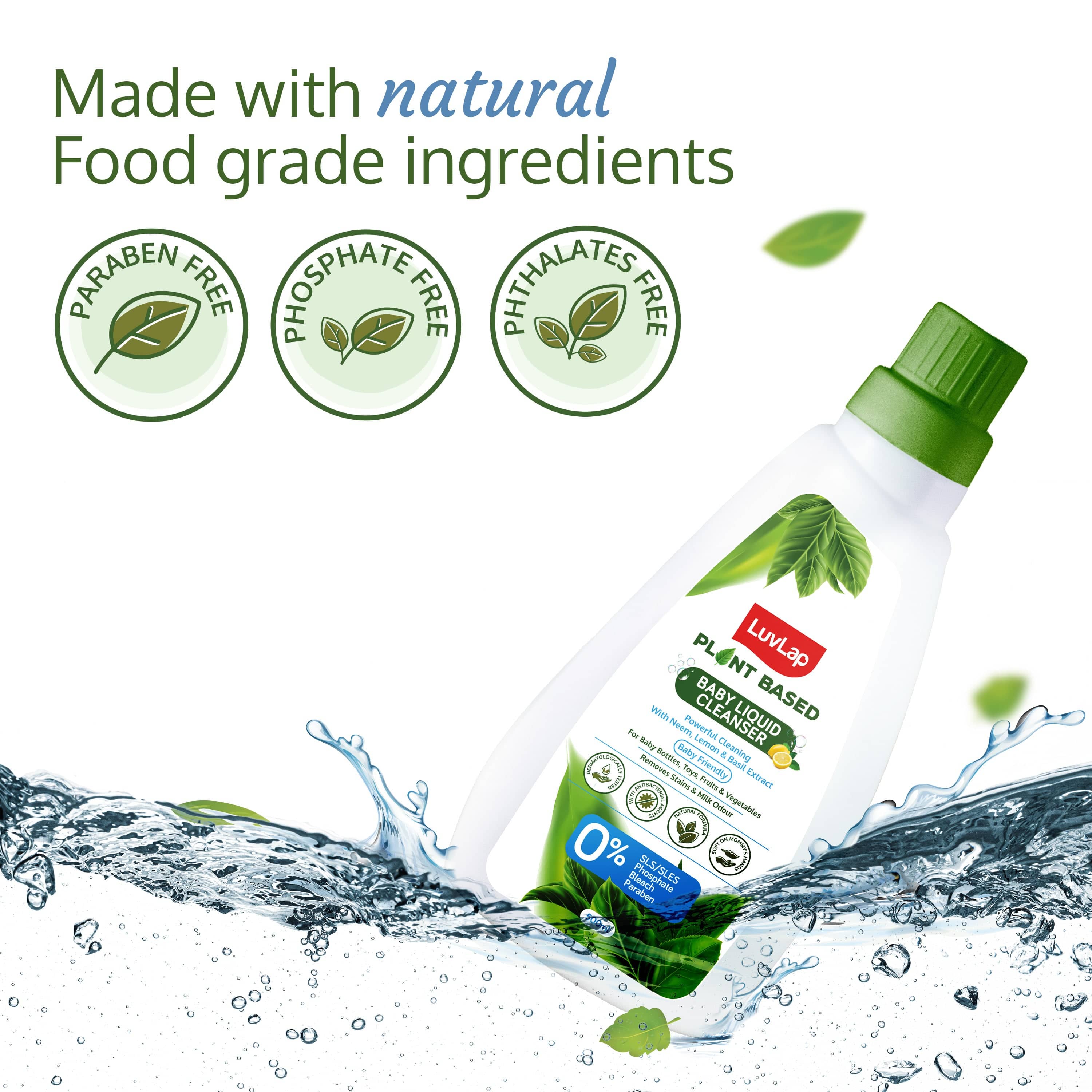 LuvLap Plant Based Liquid Cleanser, 500ml, With Neem, Lemon & Basil, For Feeding Accessories, Toys, Fruits & Vegetables, 100% Food Grade, Free From Bleach & SLS