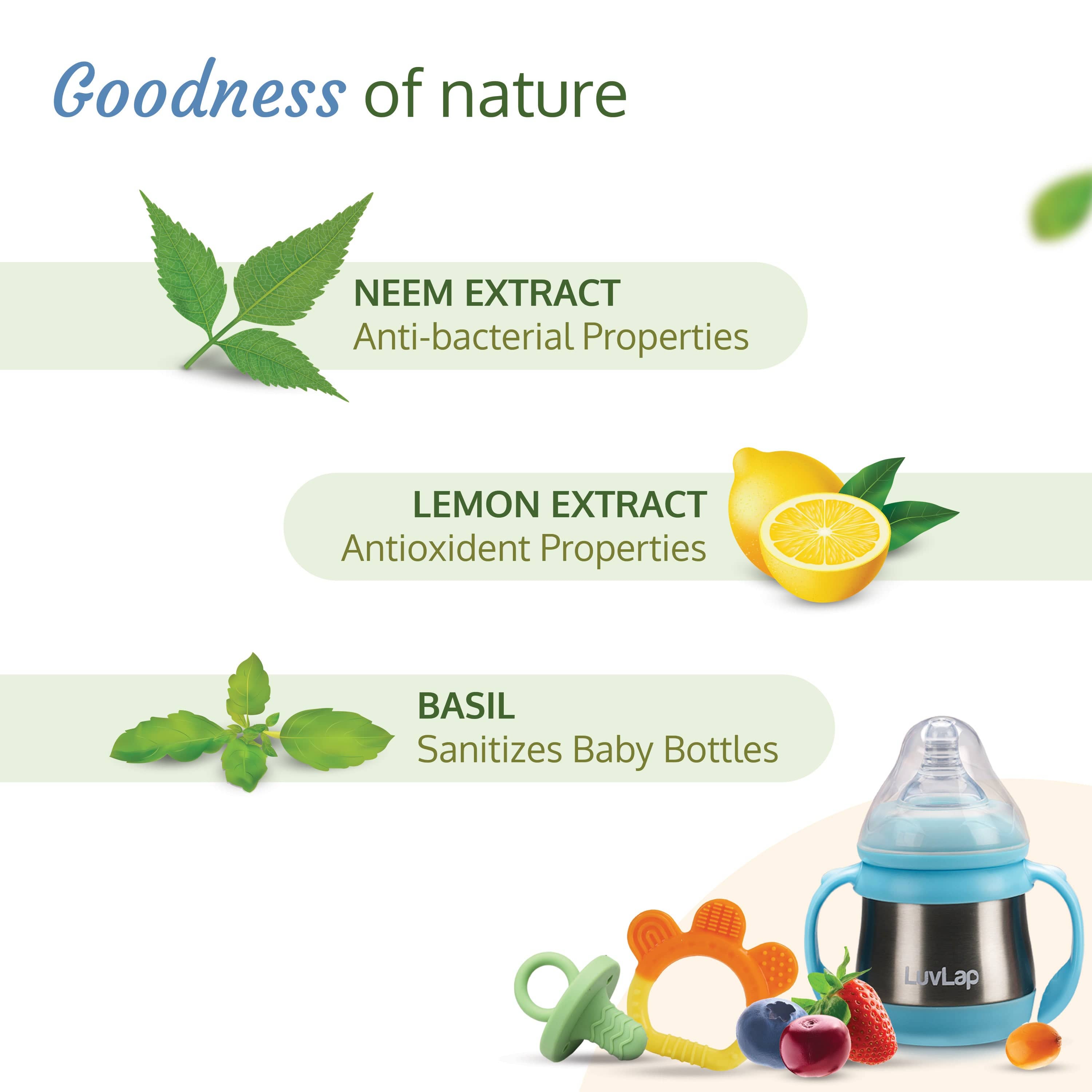 LuvLap Plant Based Liquid Cleanser, 1000ml, With Neem, Lemon & Basil, For Feeding Accessories, Toys, Fruits & Vegetables, 100% Food Grade, Free From Bleach & SLS