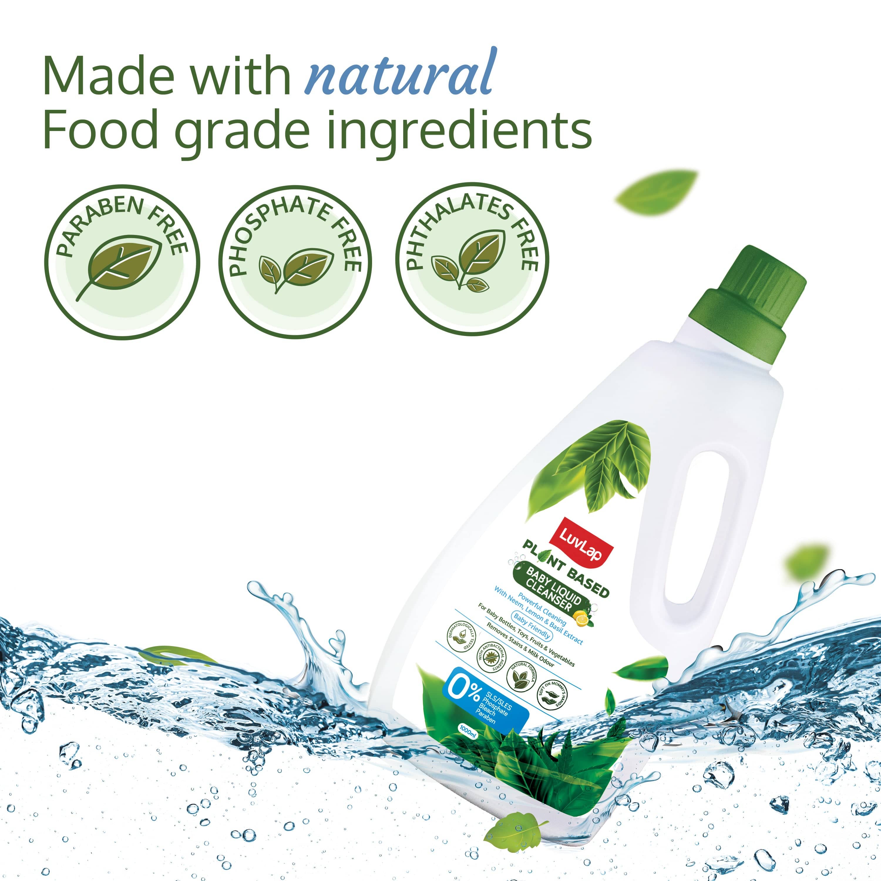 LuvLap Plant Based Liquid Cleanser, 1000ml, With Neem, Lemon & Basil, For Feeding Accessories, Toys, Fruits & Vegetables, 100% Food Grade, Free From Bleach & SLS