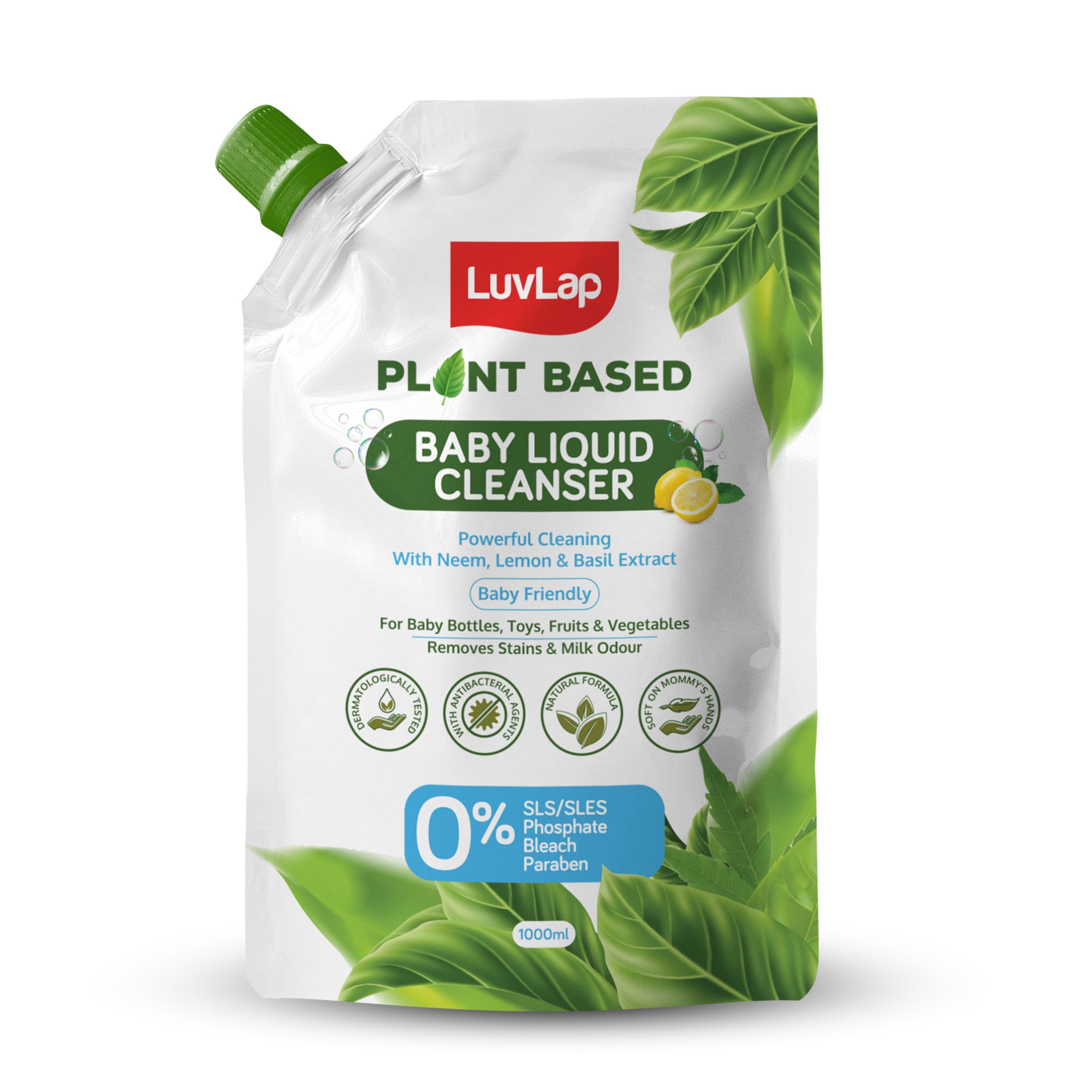 LuvLap Plant Based Liquid Cleanser, Refill pack- 1000ml, With Neem, Lemon & Basil, For Feeding Accessories, Toys, Fruits & Vegetables, 100% Food Grade, Free From Bleach & SLS