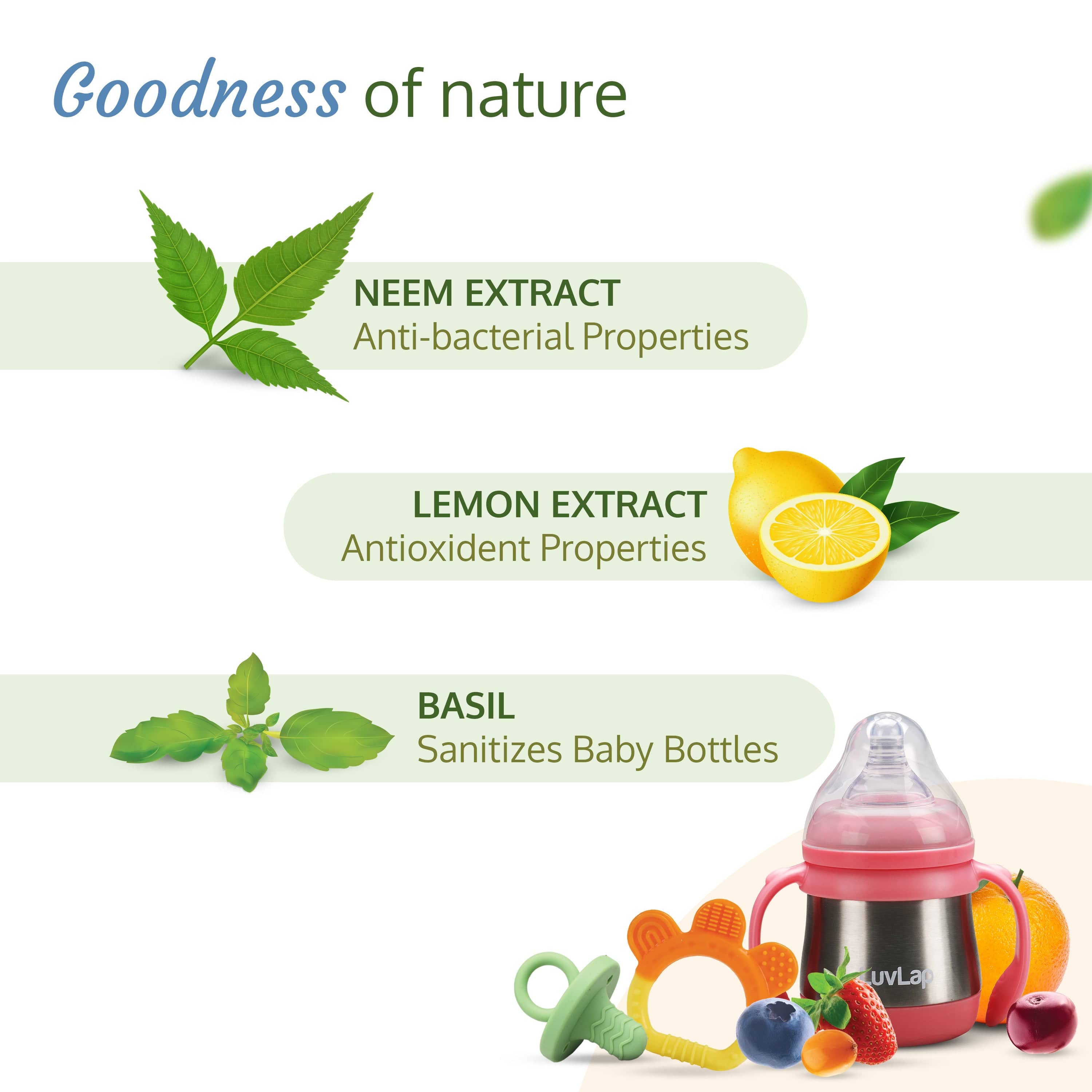LuvLap Plant Based Liquid Cleanser, Refill pack- 1000ml, With Neem, Lemon & Basil, For Feeding Accessories, Toys, Fruits & Vegetables, 100% Food Grade, Free From Bleach & SLS