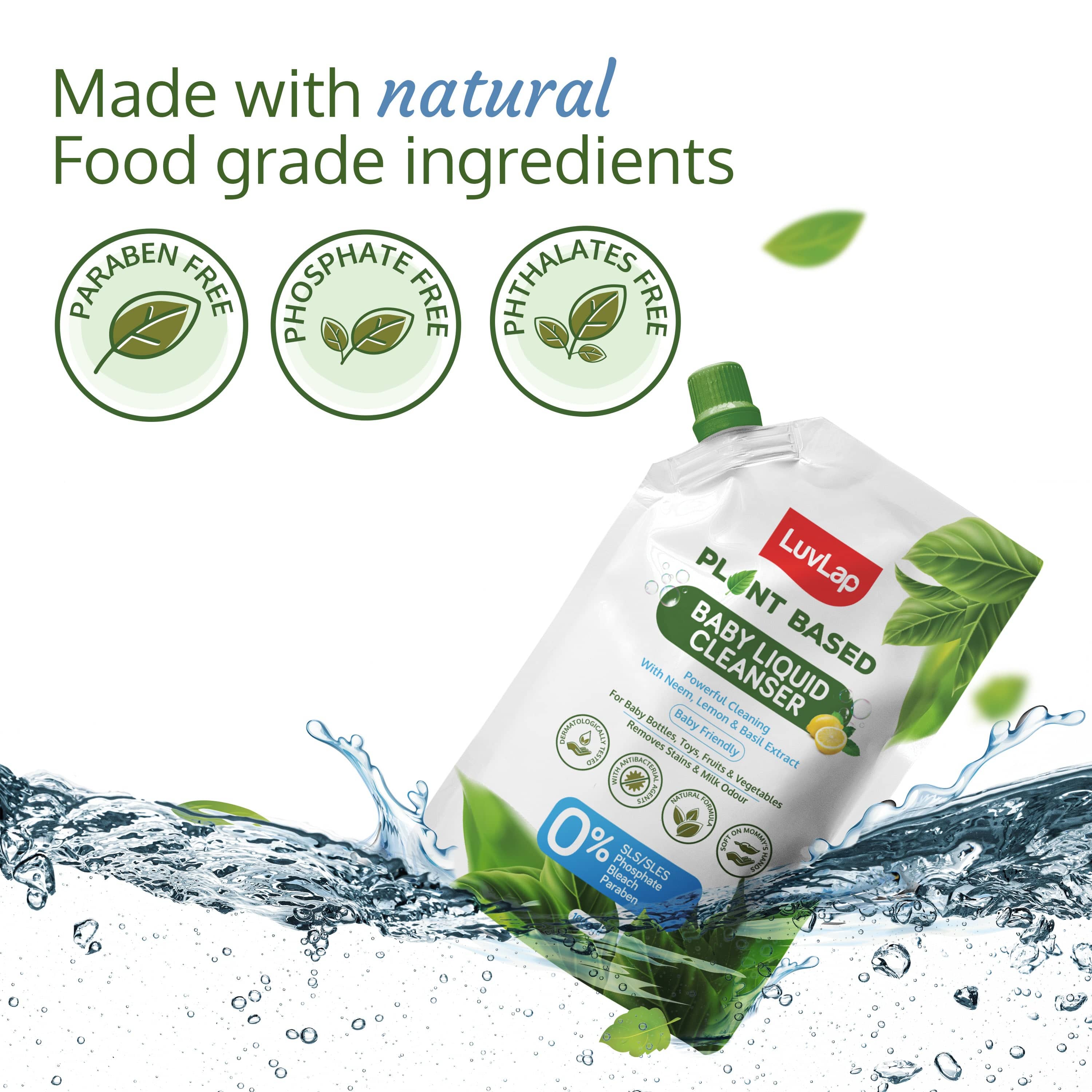 LuvLap Plant Based Liquid Cleanser, Refill pack- 1000ml, With Neem, Lemon & Basil, For Feeding Accessories, Toys, Fruits & Vegetables, 100% Food Grade, Free From Bleach & SLS