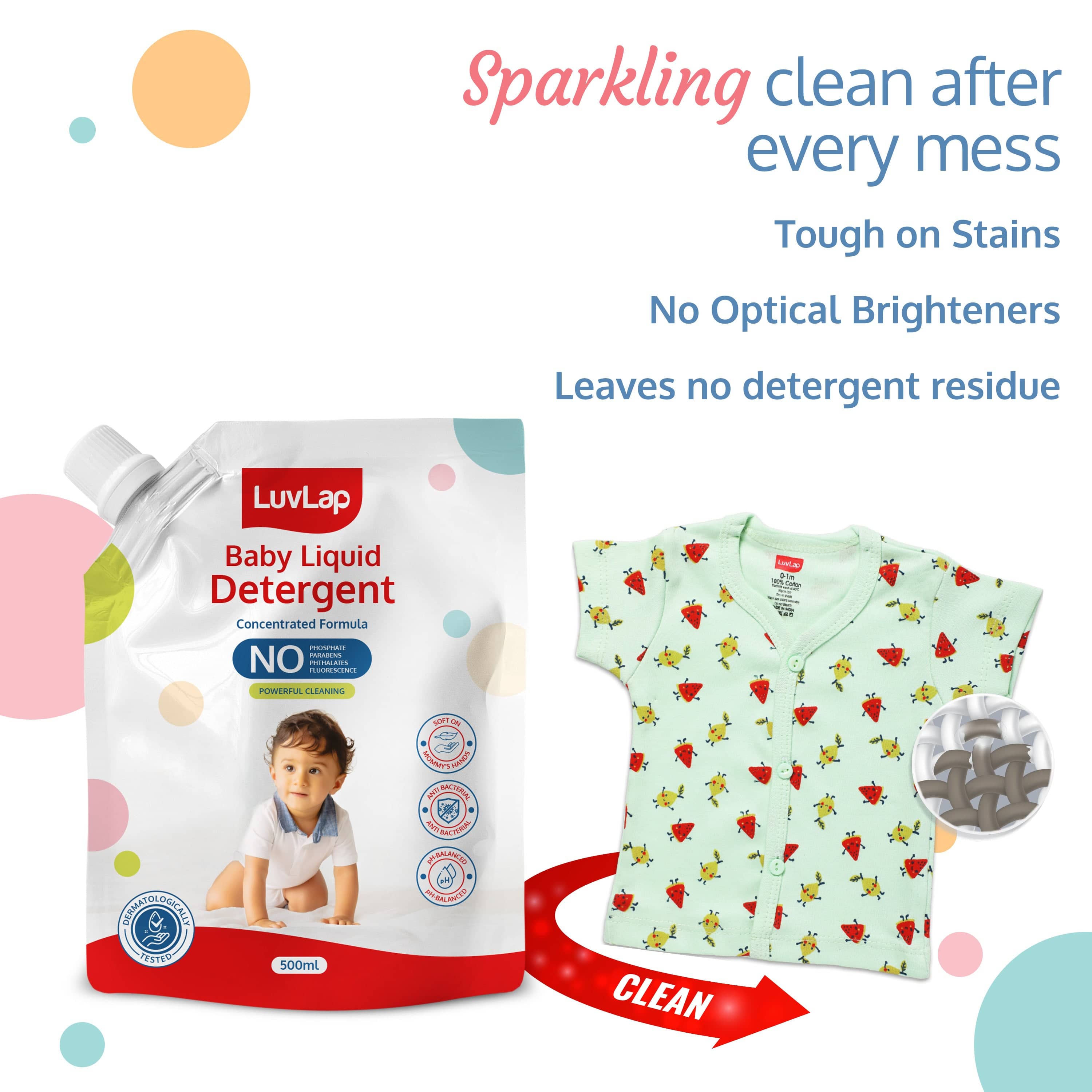 LuvLap Baby Laundry Detergent Refill pack- 500ml, pH Balanced Dermatologically tested formula, No harsh chemicals, Safe for mommy's hands & baby's skin, Anti Bacterial, Enriched in Aloe Vera