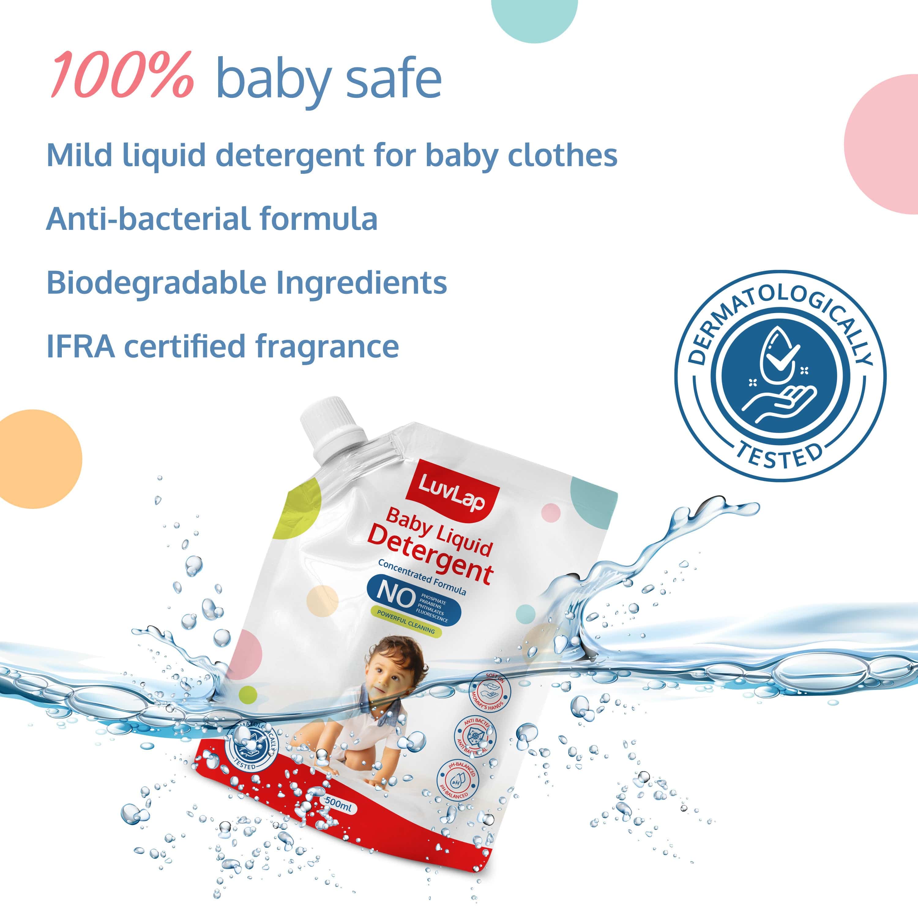 LuvLap Baby Laundry Detergent Refill pack- 500ml, pH Balanced Dermatologically tested formula, No harsh chemicals, Safe for mommy's hands & baby's skin, Anti Bacterial, Enriched in Aloe Vera