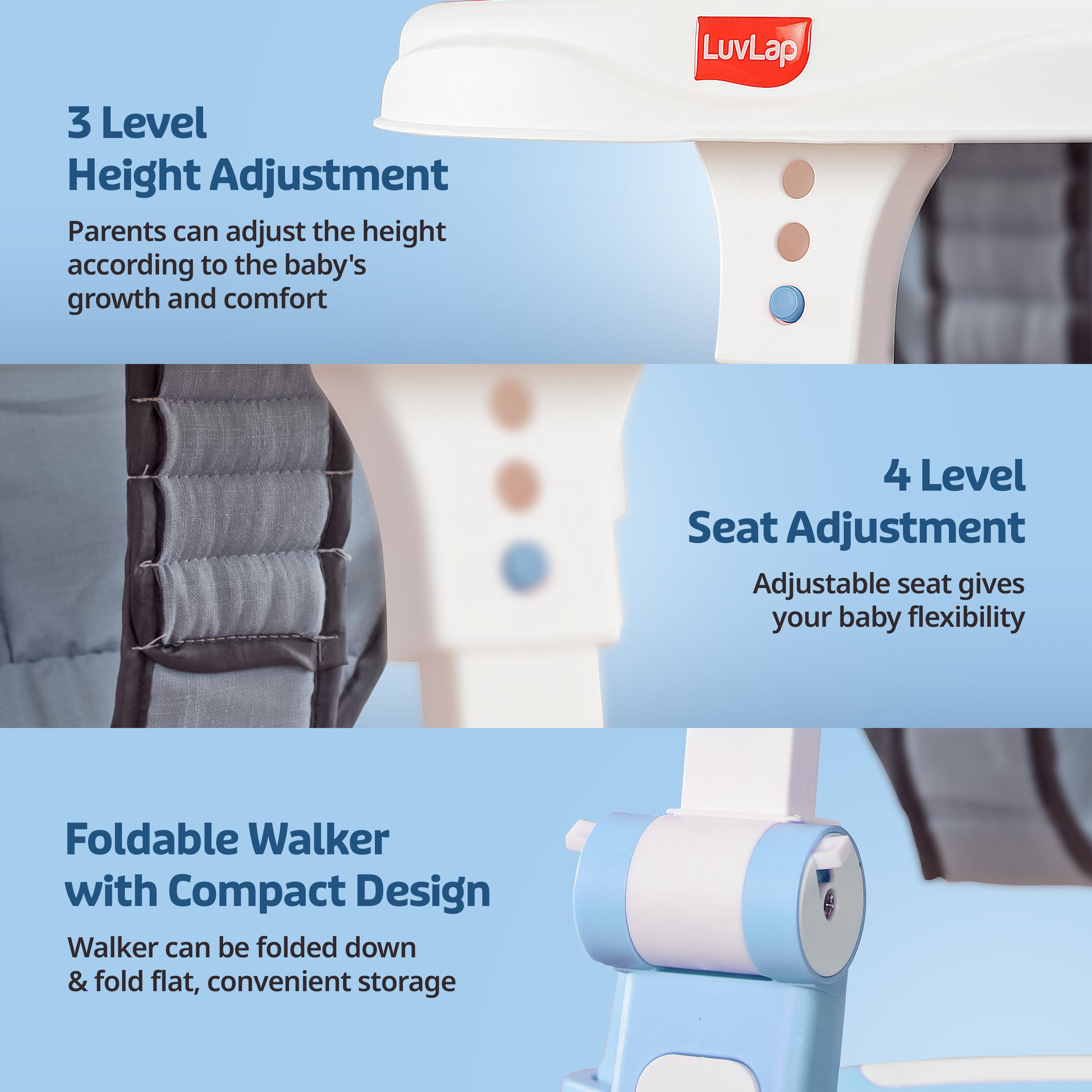 LuvLap 360° Joy Baby Walker for 9+ Months | 3 Level Height Adjustment Walker with Switchable Food & Musical Toy Tray/Advanced Baby Activity Walker, Blue