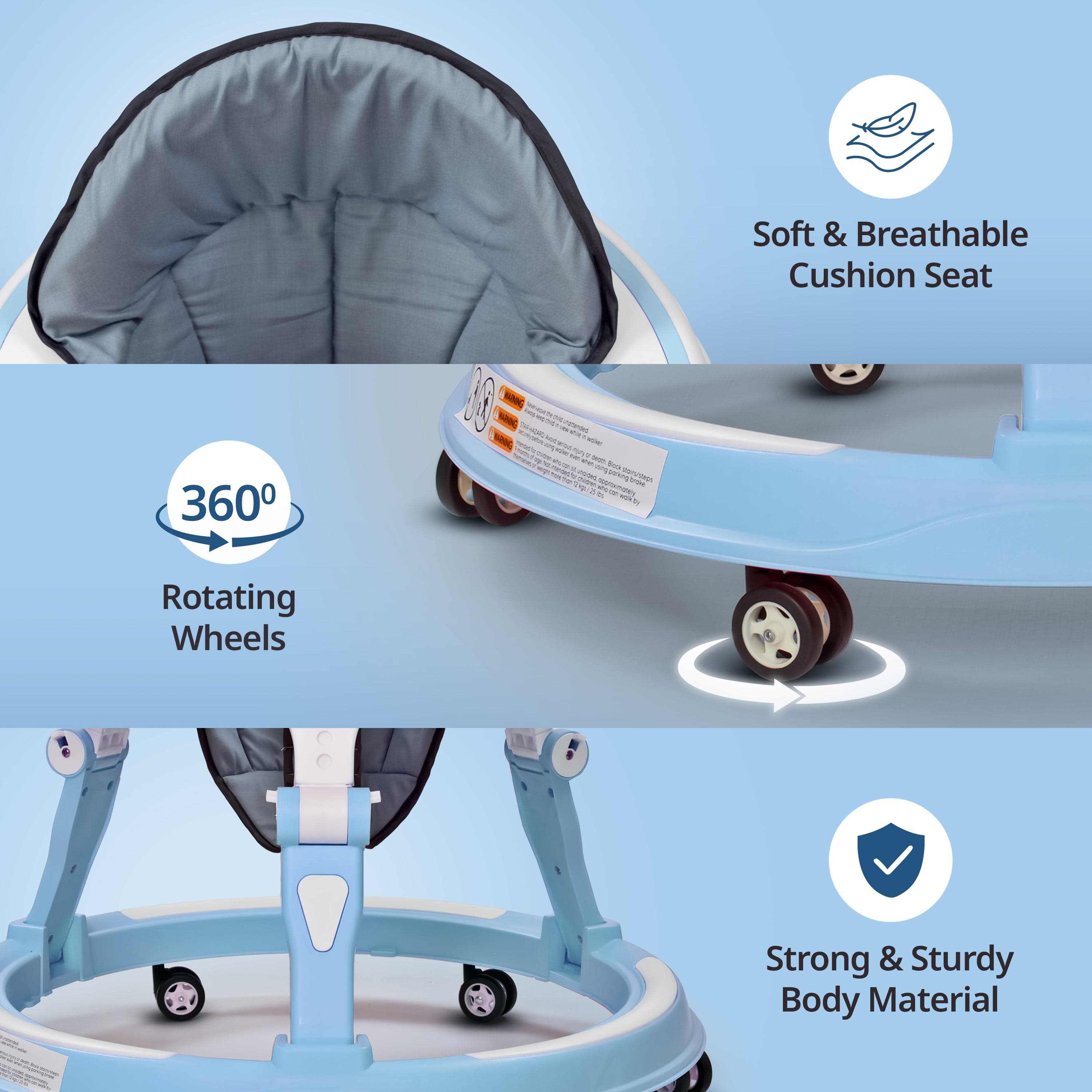 LuvLap 360° Joy Baby Walker for 9+ Months | 3 Level Height Adjustment Walker with Switchable Food & Musical Toy Tray/Advanced Baby Activity Walker, Blue