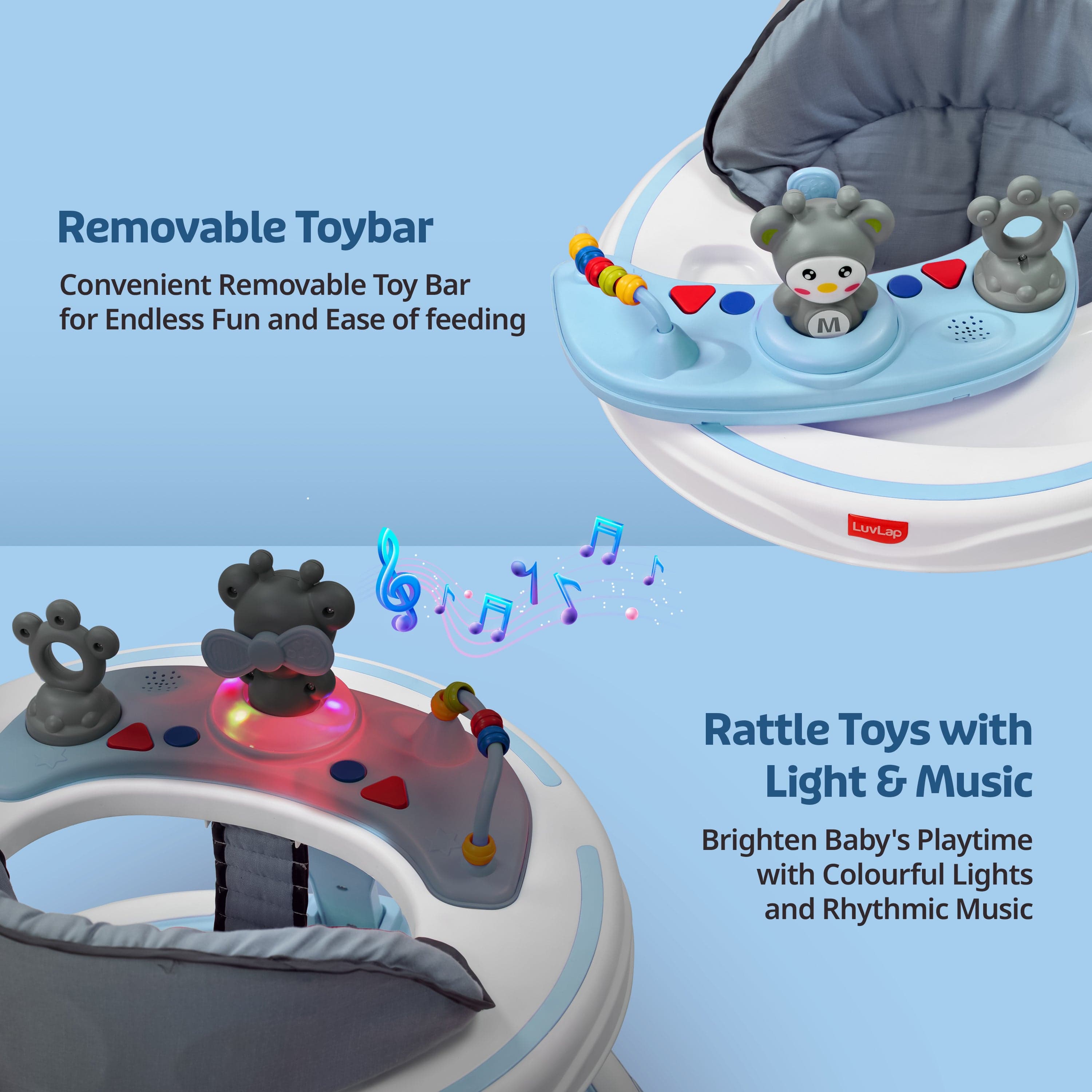 LuvLap 360° Joy Baby Walker for 9+ Months | 3 Level Height Adjustment Walker with Switchable Food & Musical Toy Tray/Advanced Baby Activity Walker, Blue