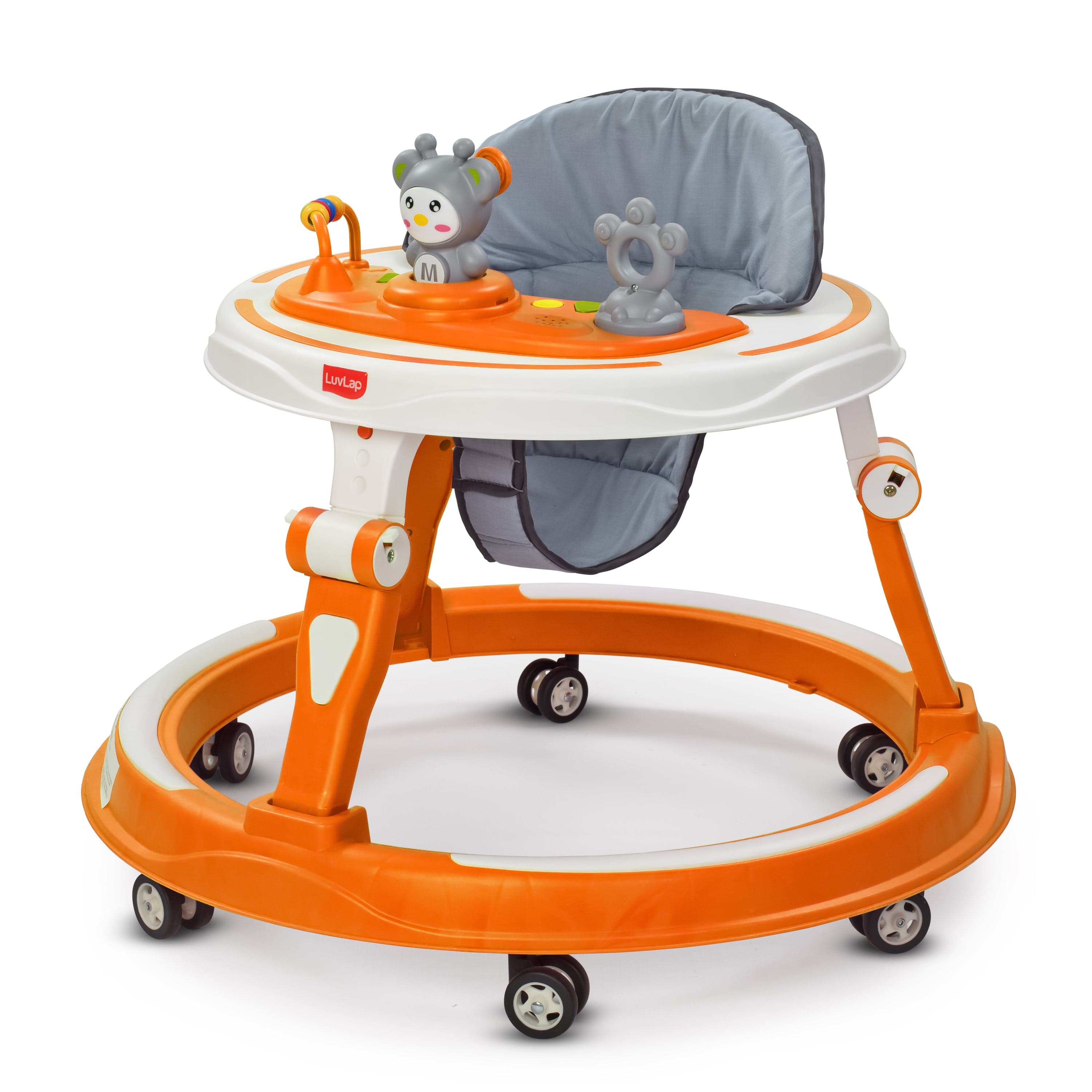 LuvLap 360° Joy Baby Walker 9+ Months | 3 Level Height Adjustment Walker with Switchable Food & Musical Toy Tray/Advanced Baby Activity Walker, Orange