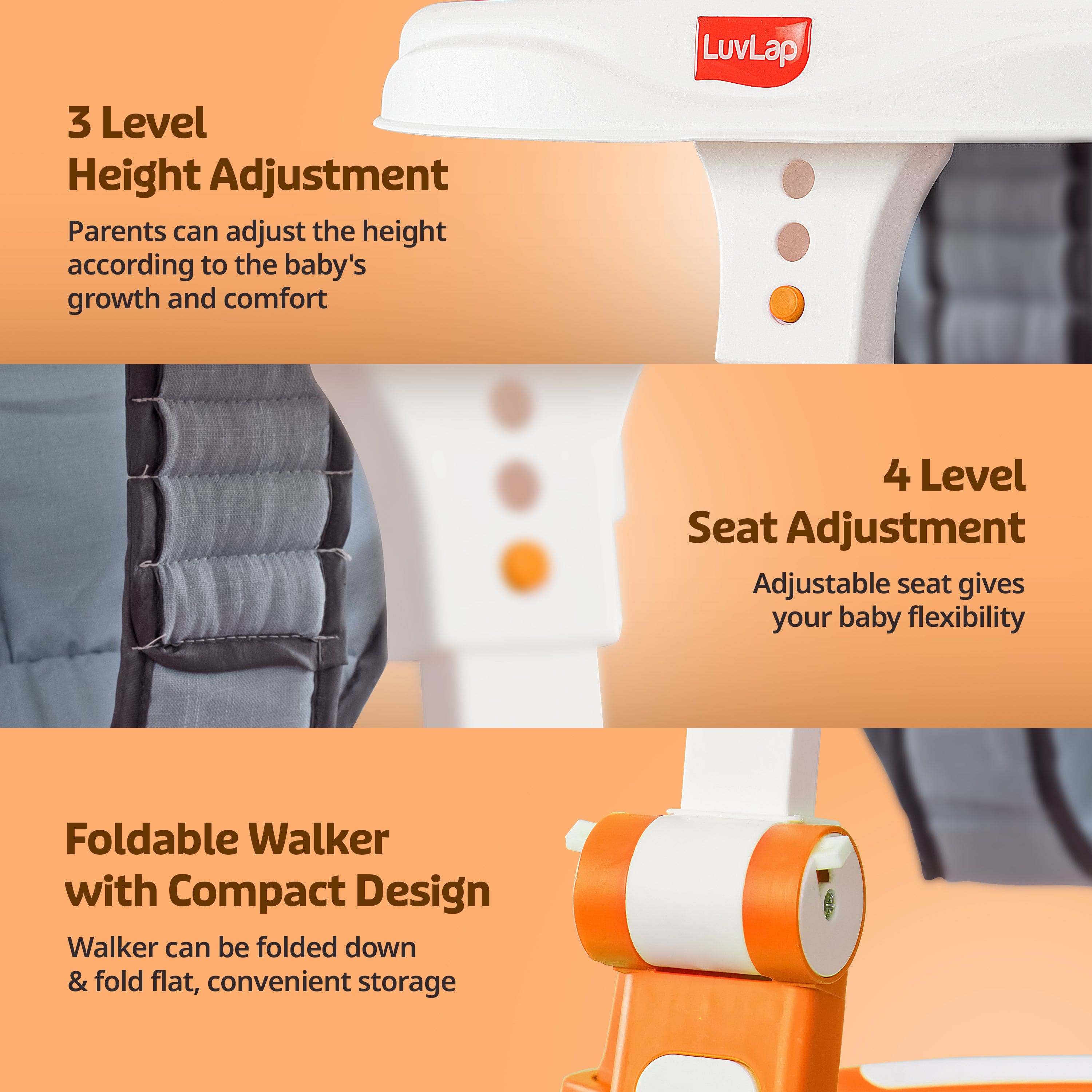 LuvLap 360° Joy Baby Walker 9+ Months | 3 Level Height Adjustment Walker with Switchable Food & Musical Toy Tray/Advanced Baby Activity Walker, Orange