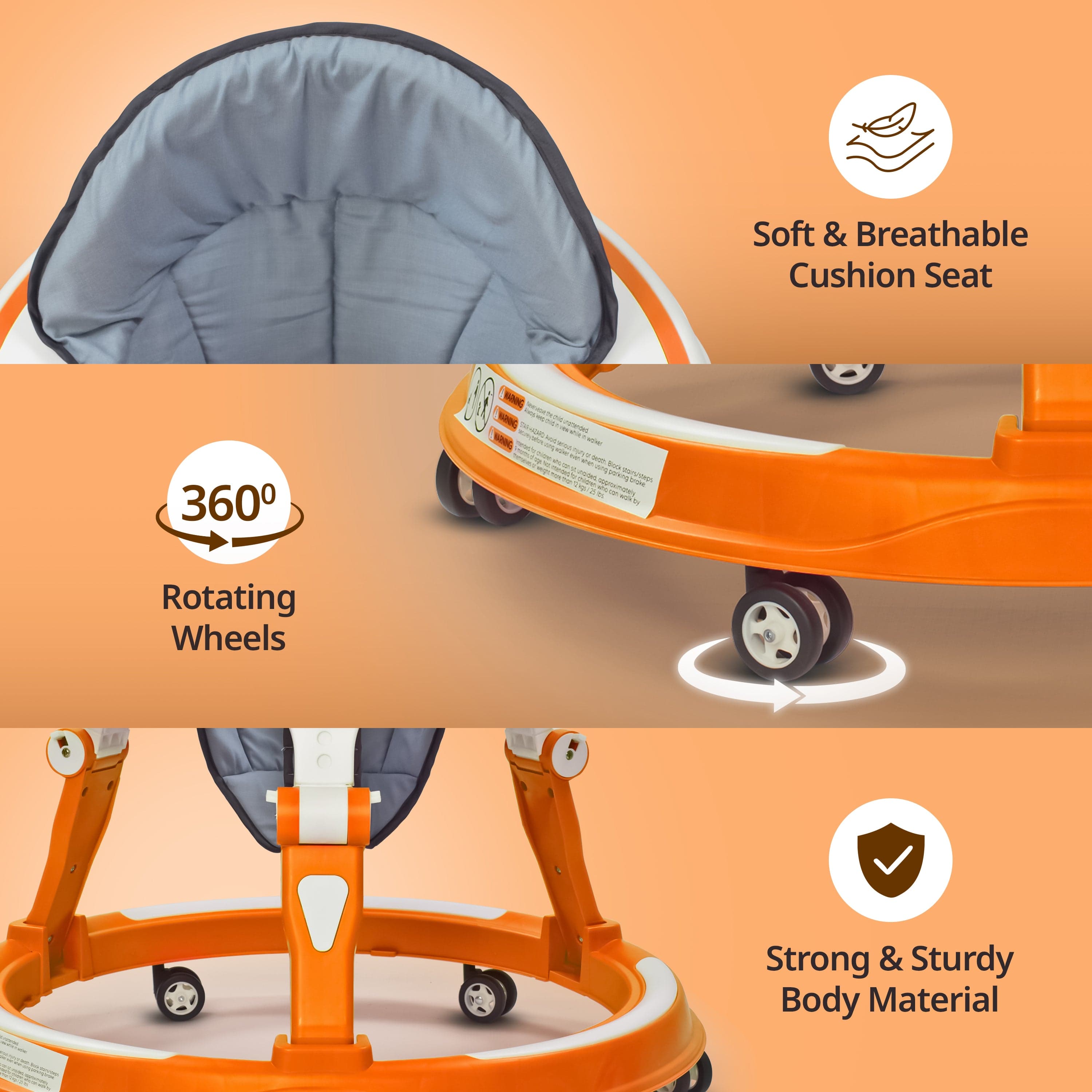 LuvLap 360° Joy Baby Walker 9+ Months | 3 Level Height Adjustment Walker with Switchable Food & Musical Toy Tray/Advanced Baby Activity Walker, Orange