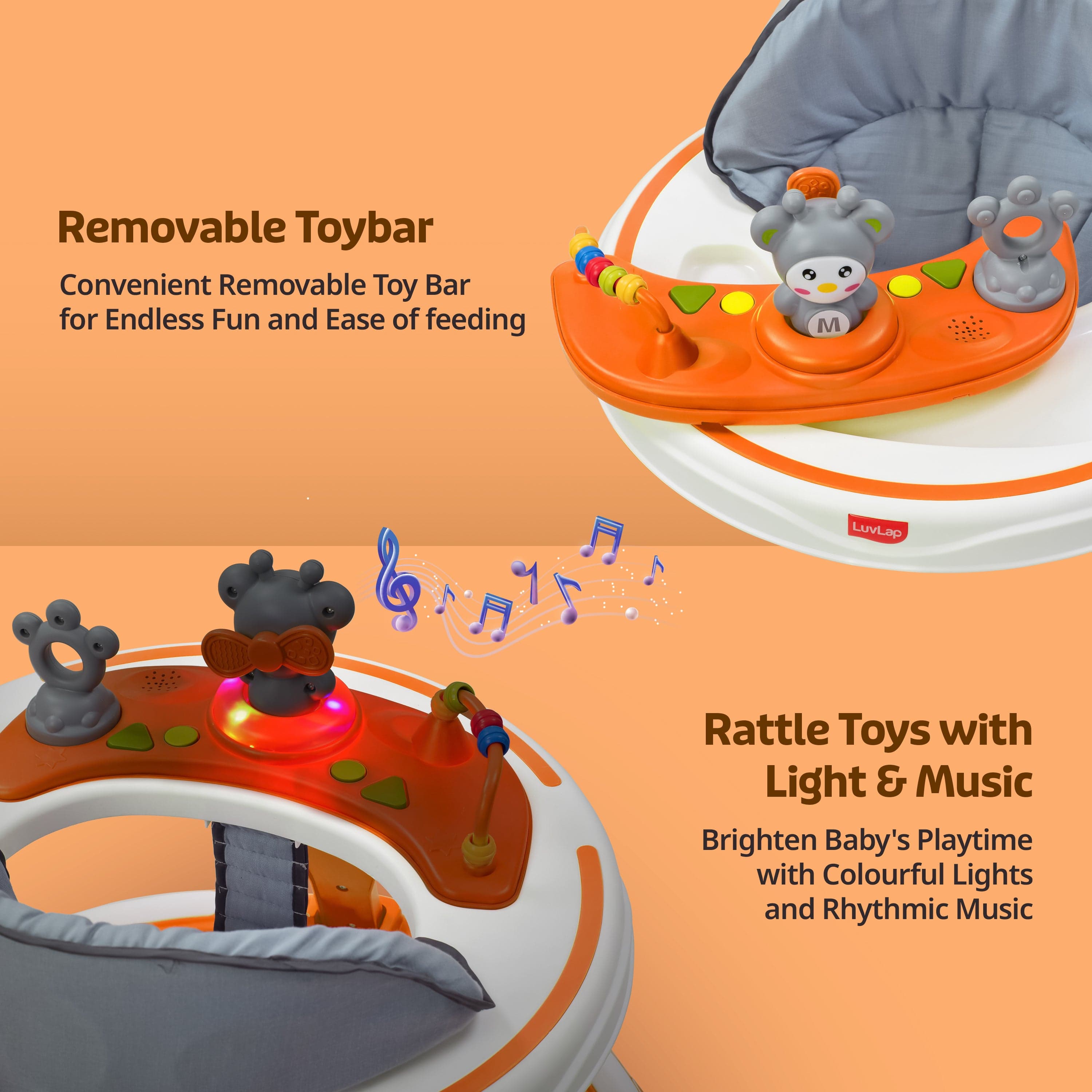 LuvLap 360° Joy Baby Walker 9+ Months | 3 Level Height Adjustment Walker with Switchable Food & Musical Toy Tray/Advanced Baby Activity Walker, Orange