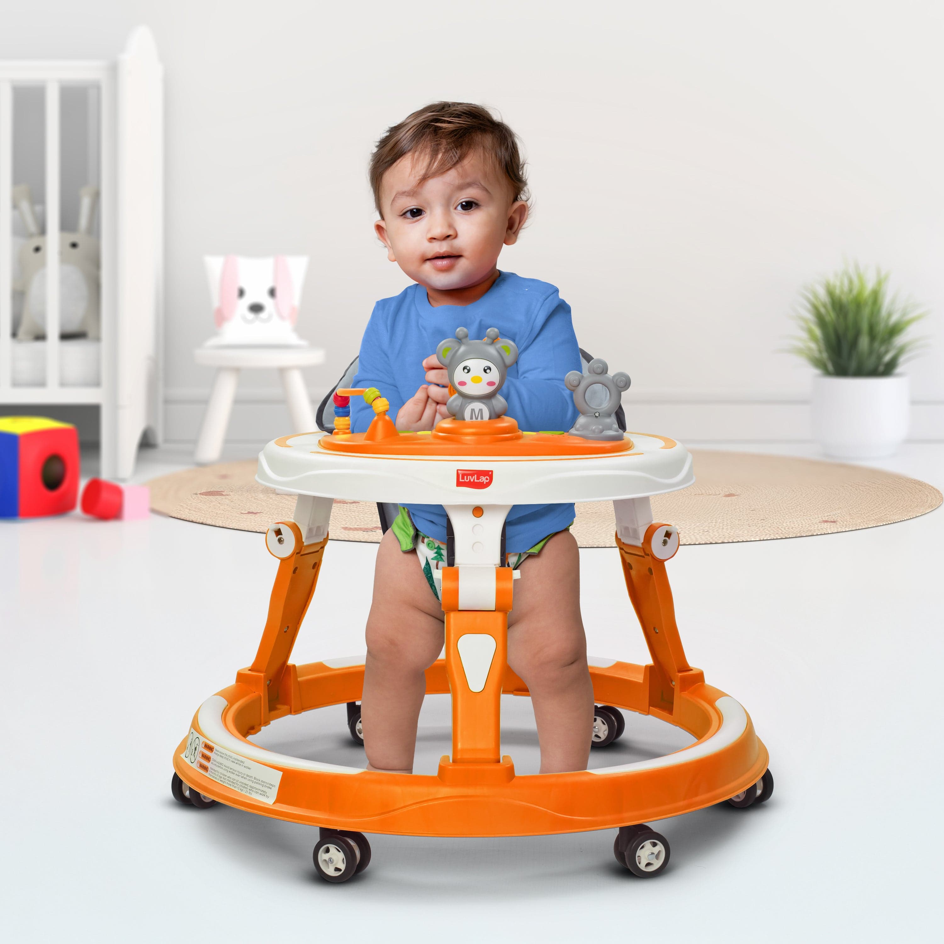 LuvLap 360° Joy Baby Walker 9+ Months | 3 Level Height Adjustment Walker with Switchable Food & Musical Toy Tray/Advanced Baby Activity Walker, Orange