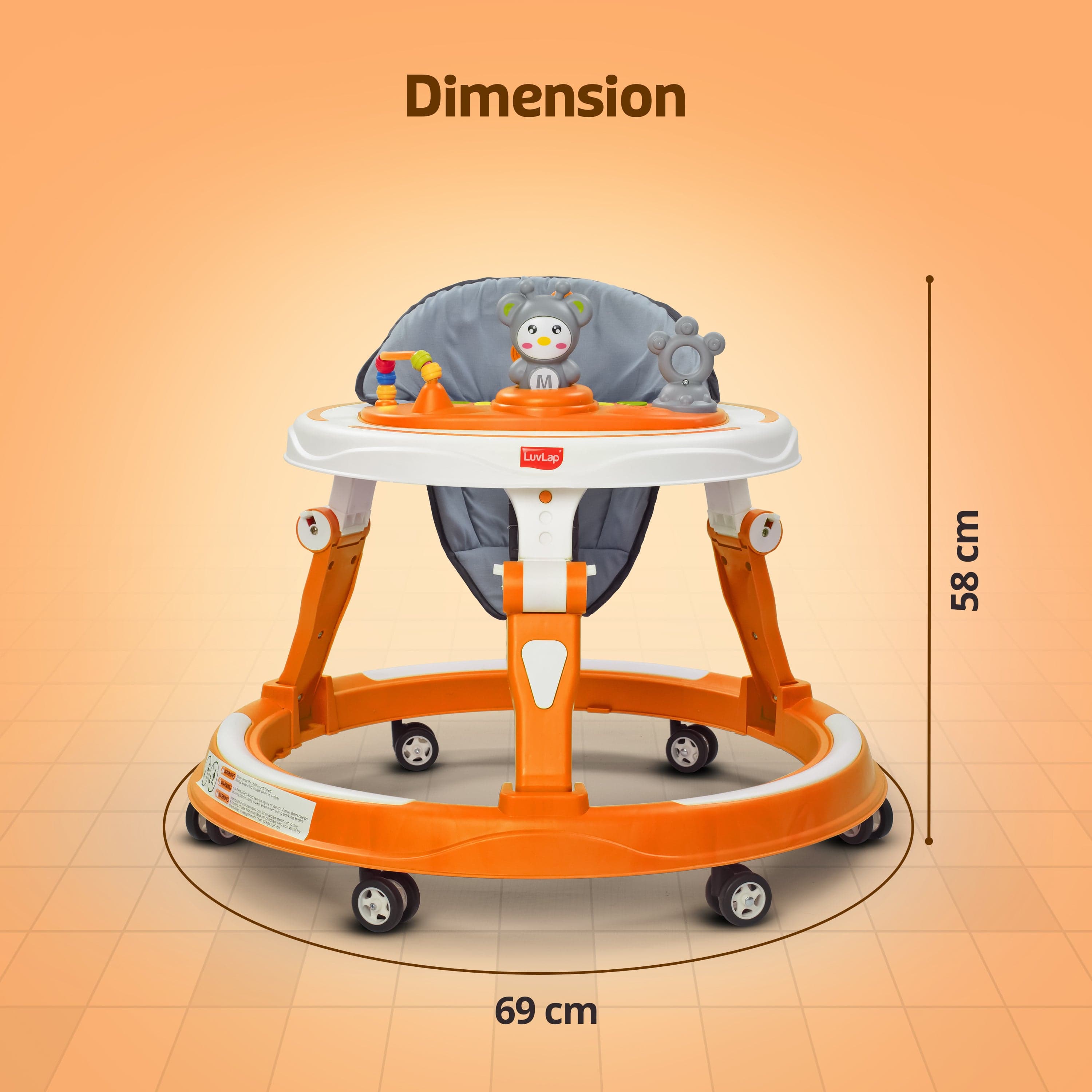 LuvLap 360° Joy Baby Walker 9+ Months | 3 Level Height Adjustment Walker with Switchable Food & Musical Toy Tray/Advanced Baby Activity Walker, Orange