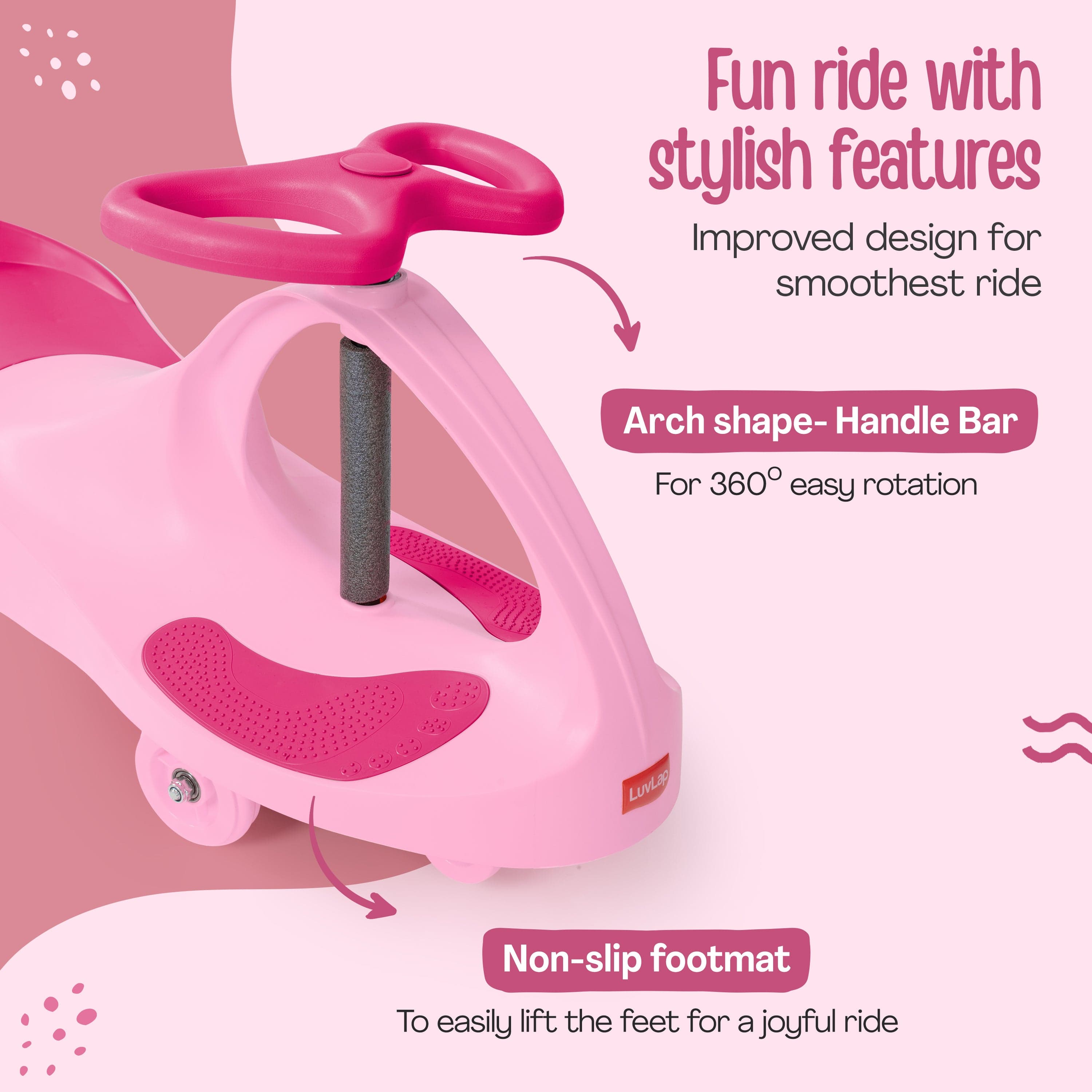 LuvLap Sunshine Swing Car, Magic Car, Kids Push Car, Swing Car for Kids, Comfortable Seats & Durable, Baby Car, Magic Toy Car, Kids Swing Car, Ride On Car, Kids Car, 3+ Years, Pink