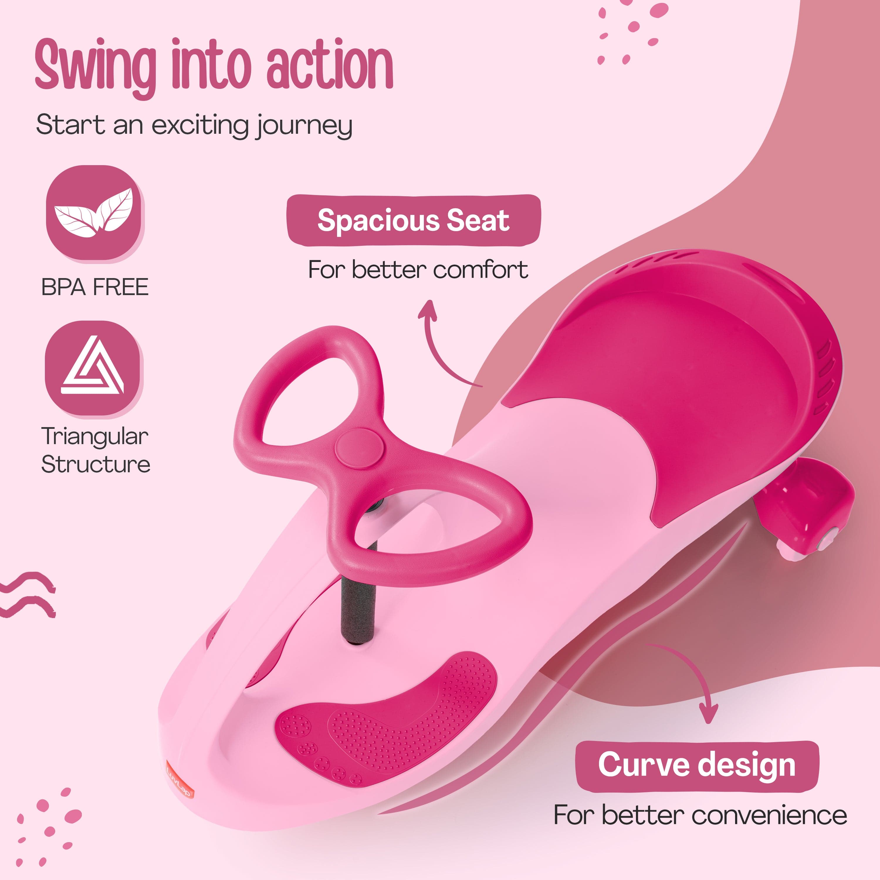 LuvLap Sunshine Swing Car, Magic Car, Kids Push Car, Swing Car for Kids, Comfortable Seats & Durable, Baby Car, Magic Toy Car, Kids Swing Car, Ride On Car, Kids Car, 3+ Years, Pink