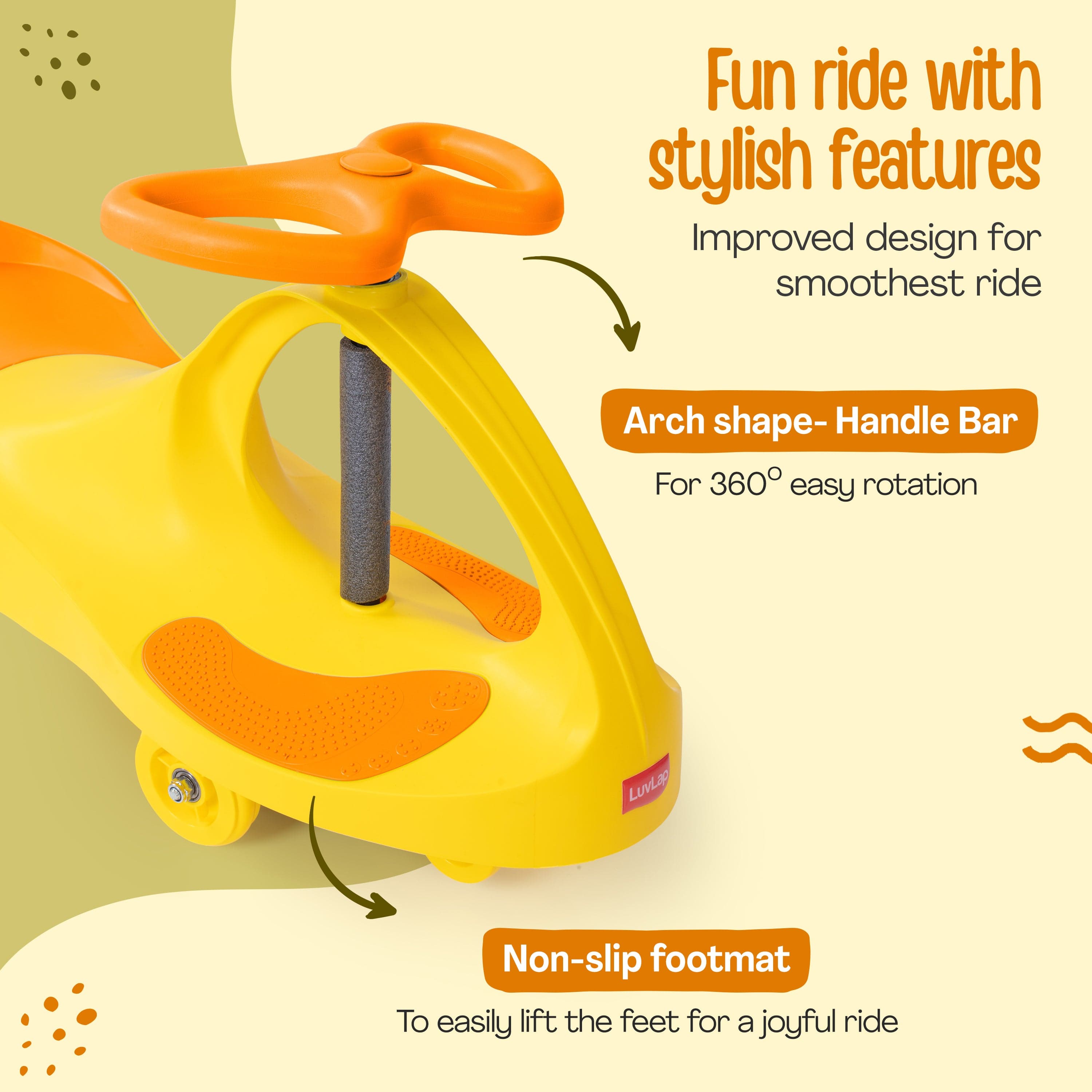LuvLap Sunshine Swing Car, Magic Car, Kids Push Car, Swing Car for Kids, Comfortable Seats & Durable, Baby Car, Magic Toy Car, Kids Swing Car, Ride On Car, Kids Car, 3+ Years, Yellow