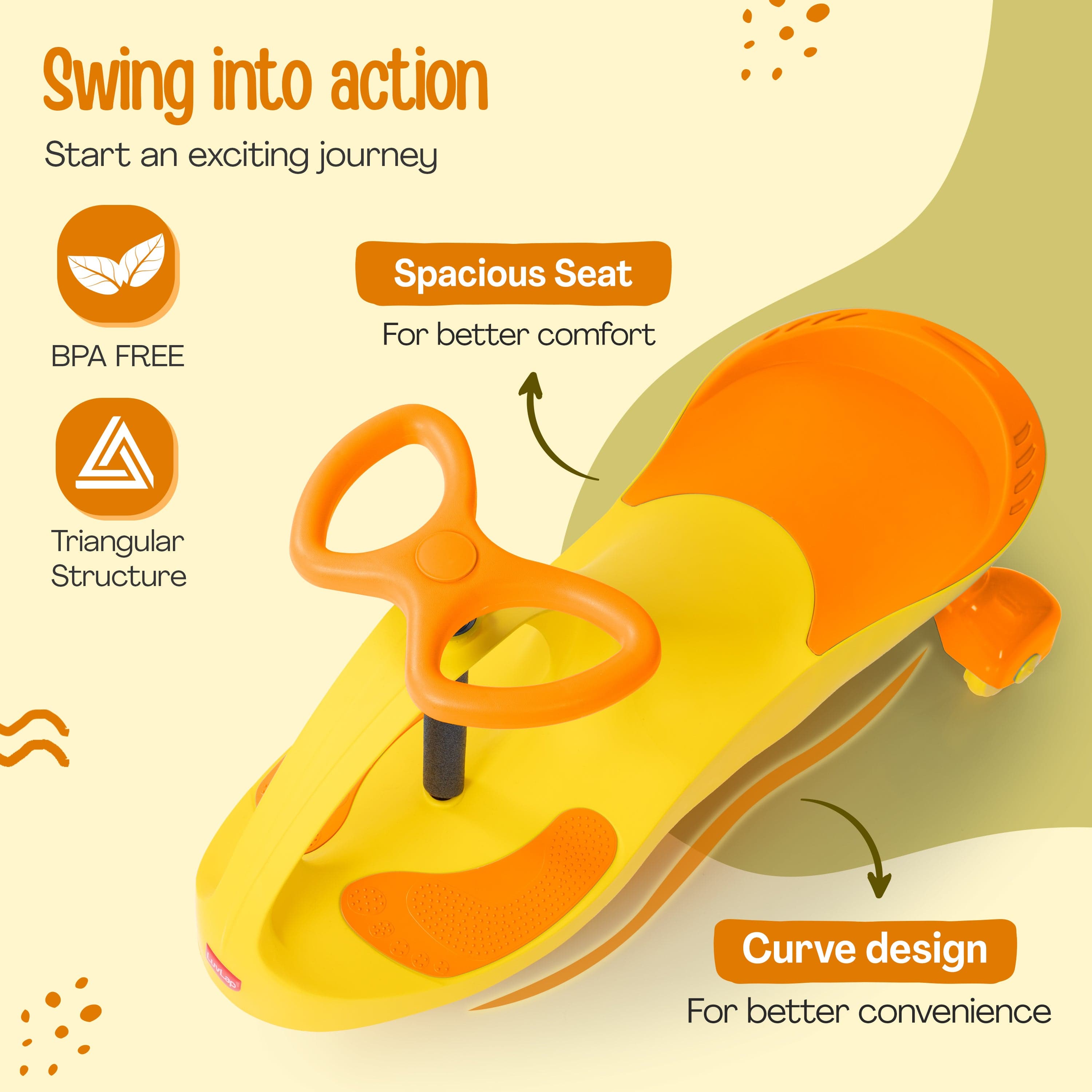 LuvLap Sunshine Swing Car, Magic Car, Kids Push Car, Swing Car for Kids, Comfortable Seats & Durable, Baby Car, Magic Toy Car, Kids Swing Car, Ride On Car, Kids Car, 3+ Years, Yellow