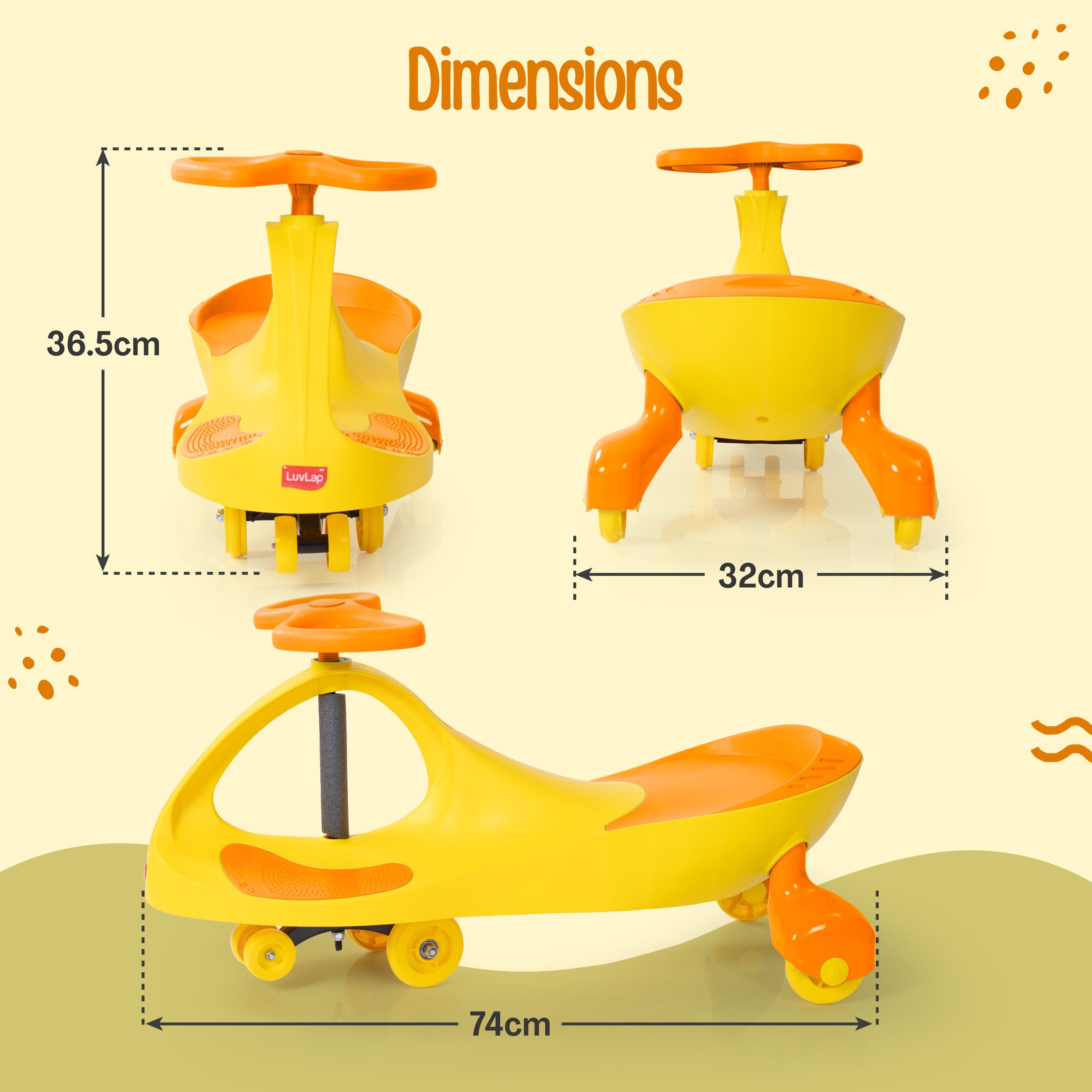 LuvLap Sunshine Swing Car, Magic Car, Kids Push Car, Swing Car for Kids, Comfortable Seats & Durable, Baby Car, Magic Toy Car, Kids Swing Car, Ride On Car, Kids Car, 3+ Years, Yellow