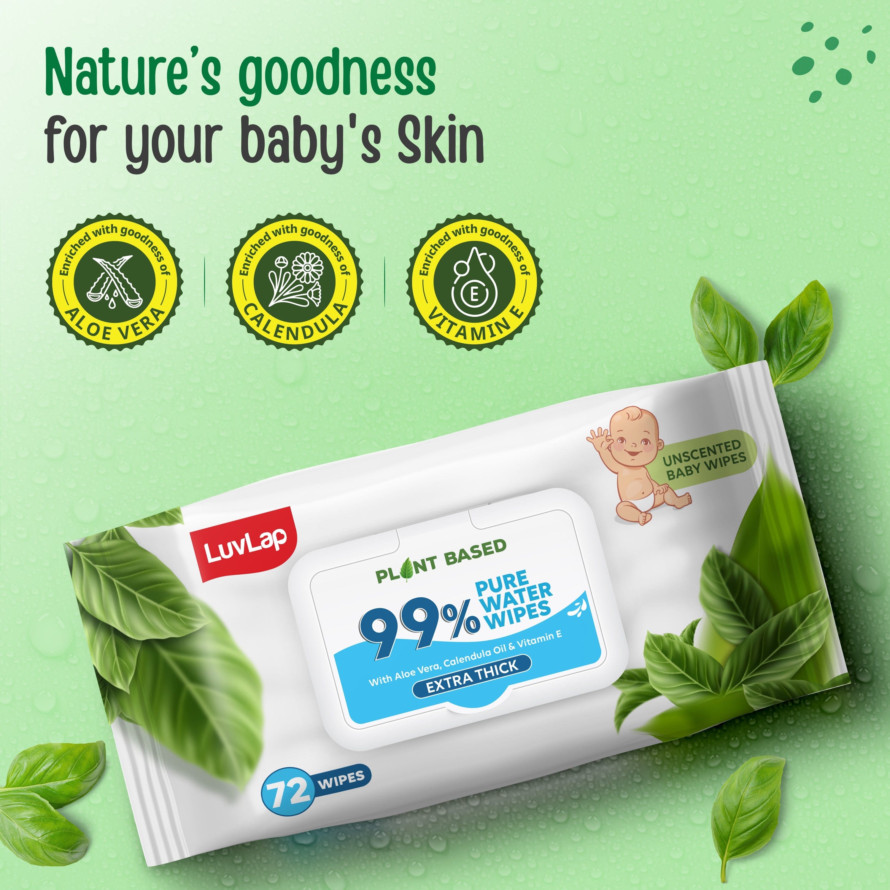 LuvLap Plant Based 99% Pure Water Baby Wipes,72 Count (Pack Of 2),Extra Thick Unscented,Vitamin E,Ph Balanced,Paraben Free,Ideal For Delicate Skin,Dermatologically Tested, Buy 1 Get 1 Free