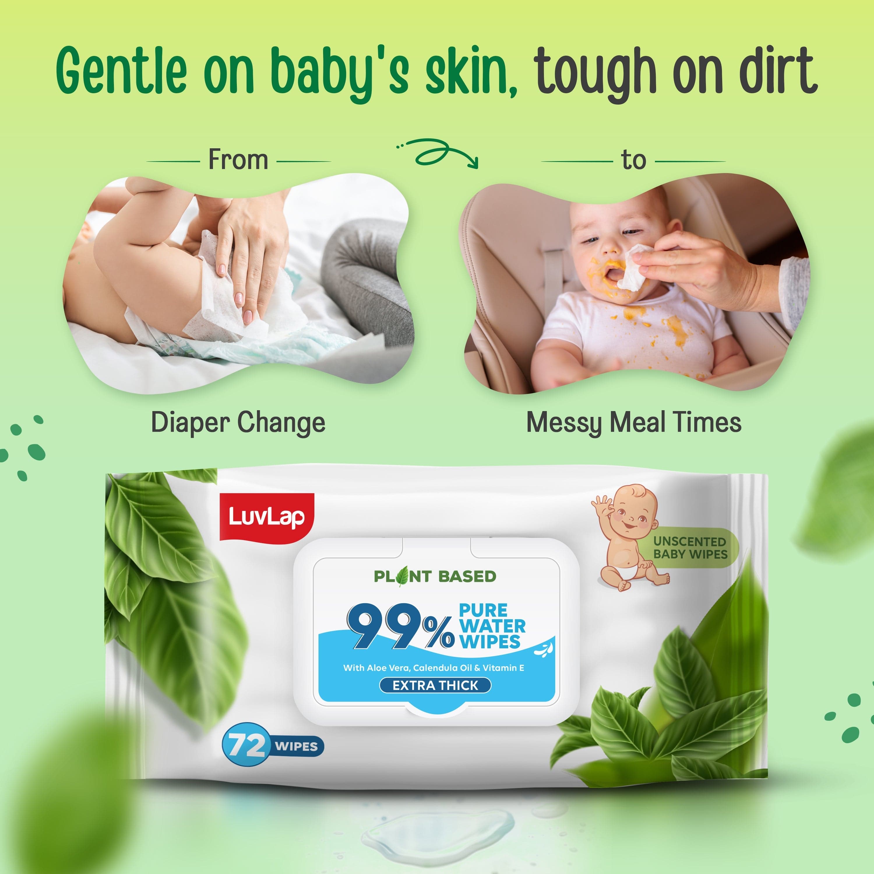 LuvLap Plant Based 99% Pure Water Baby Wipes,72 Count (Pack Of 2),Extra Thick Unscented,Vitamin E,Ph Balanced,Paraben Free,Ideal For Delicate Skin,Dermatologically Tested, Buy 1 Get 1 Free