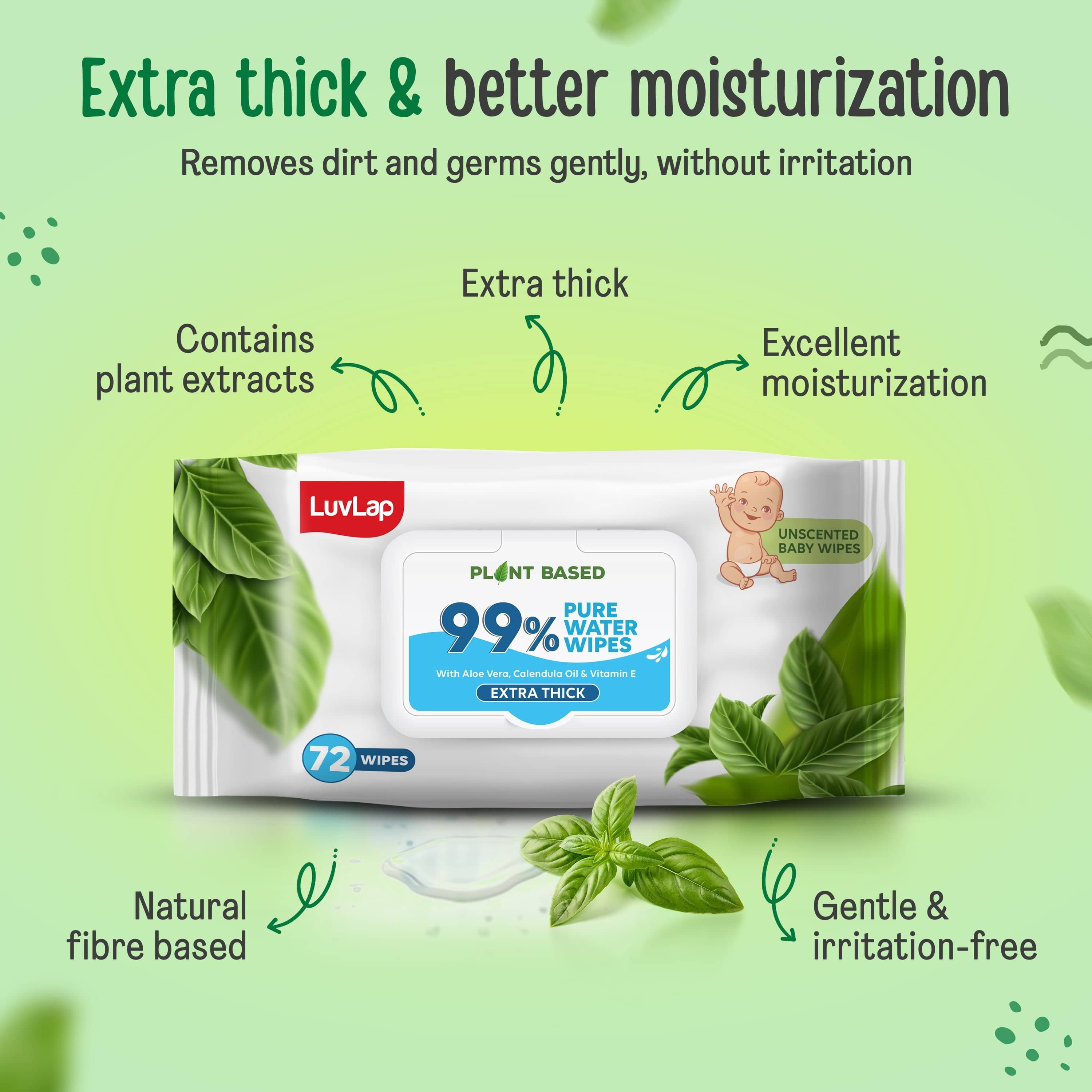 LuvLap Plant Based 99% Pure Water Baby Wipes,72 Count (Pack Of 2),Extra Thick Unscented,Vitamin E,Ph Balanced,Paraben Free,Ideal For Delicate Skin,Dermatologically Tested, Buy 1 Get 1 Free