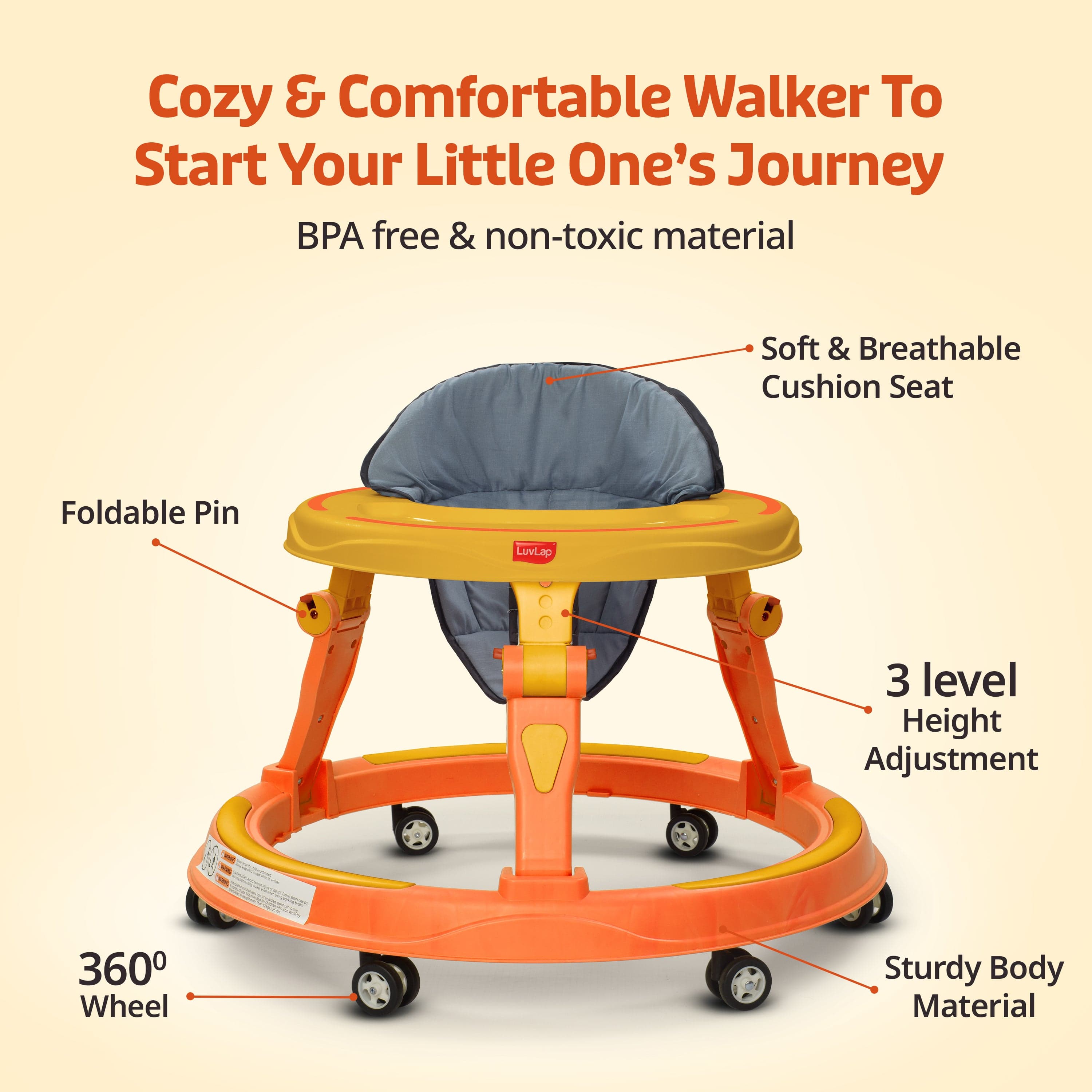 LuvLap Elegant 360° Baby Walker 9+ Months | 3 Level Height Adjustment Walker/Advanced Baby Activity Walker, Yellow