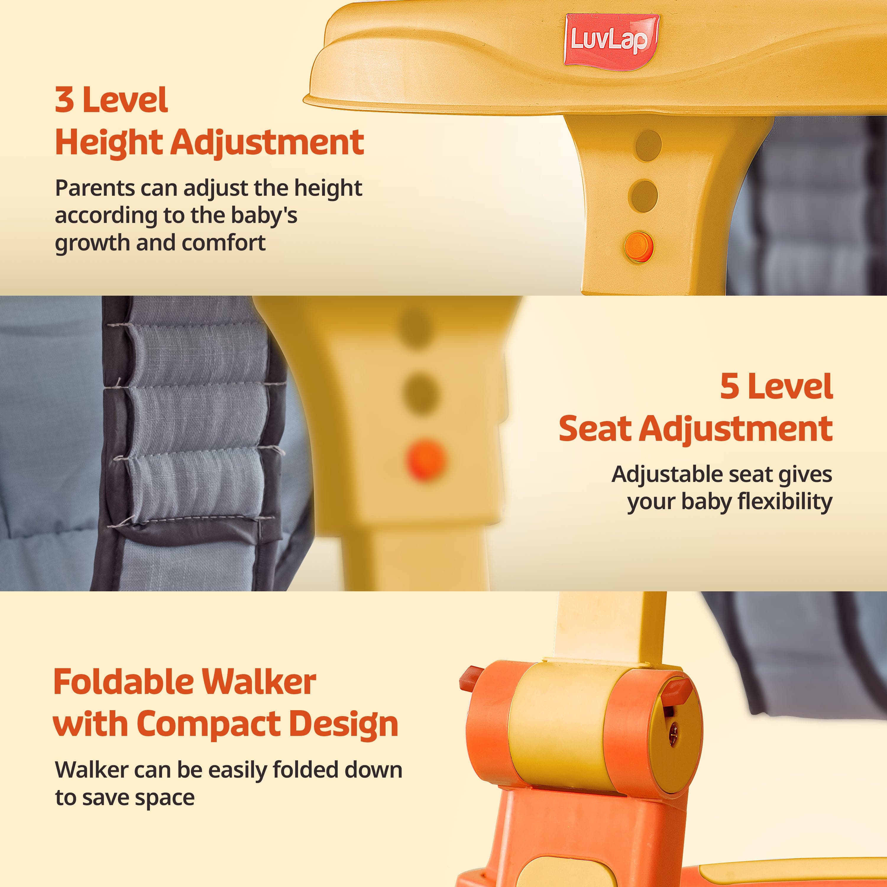 LuvLap Elegant 360° Baby Walker 9+ Months | 3 Level Height Adjustment Walker/Advanced Baby Activity Walker, Yellow