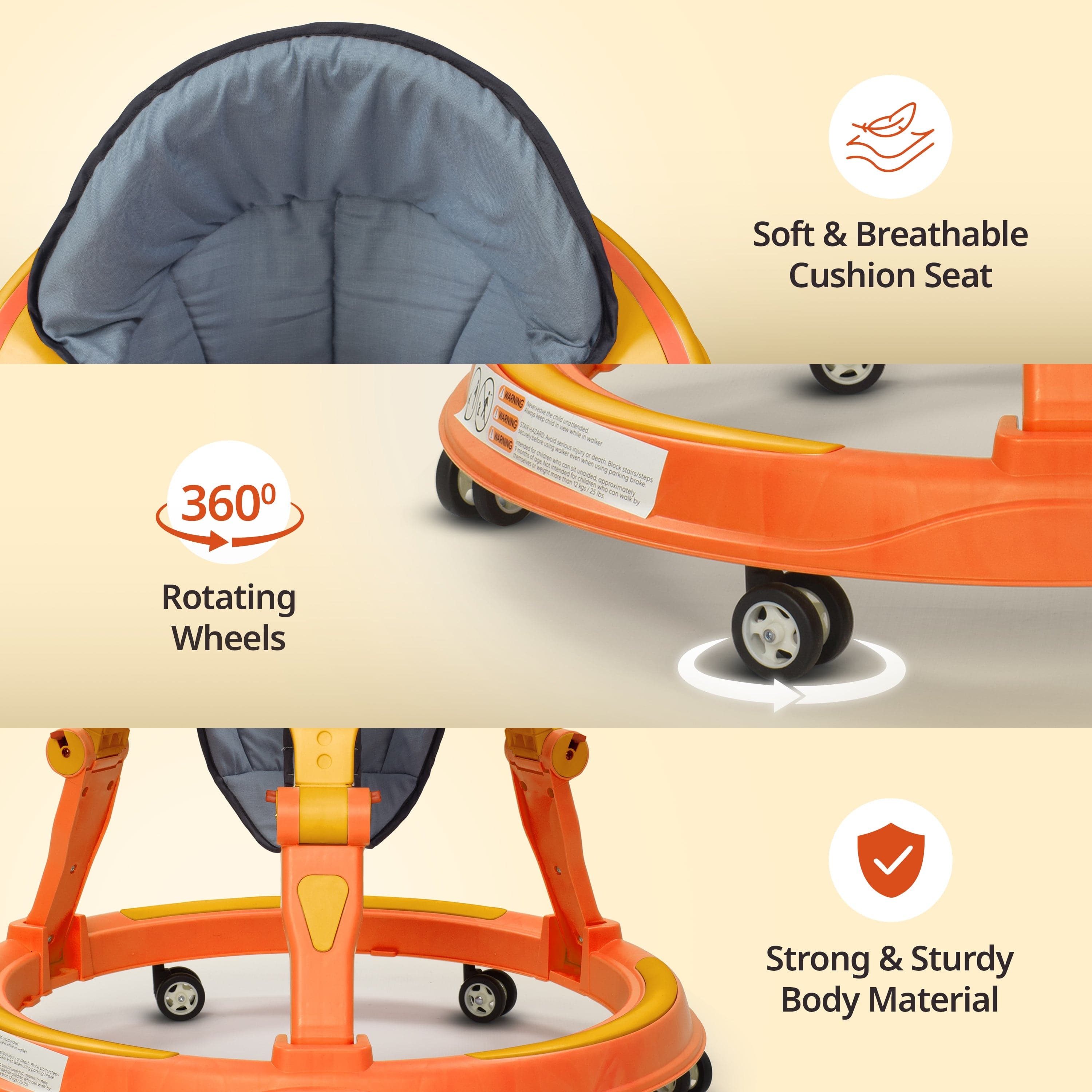 LuvLap Elegant 360° Baby Walker 9+ Months | 3 Level Height Adjustment Walker/Advanced Baby Activity Walker, Yellow