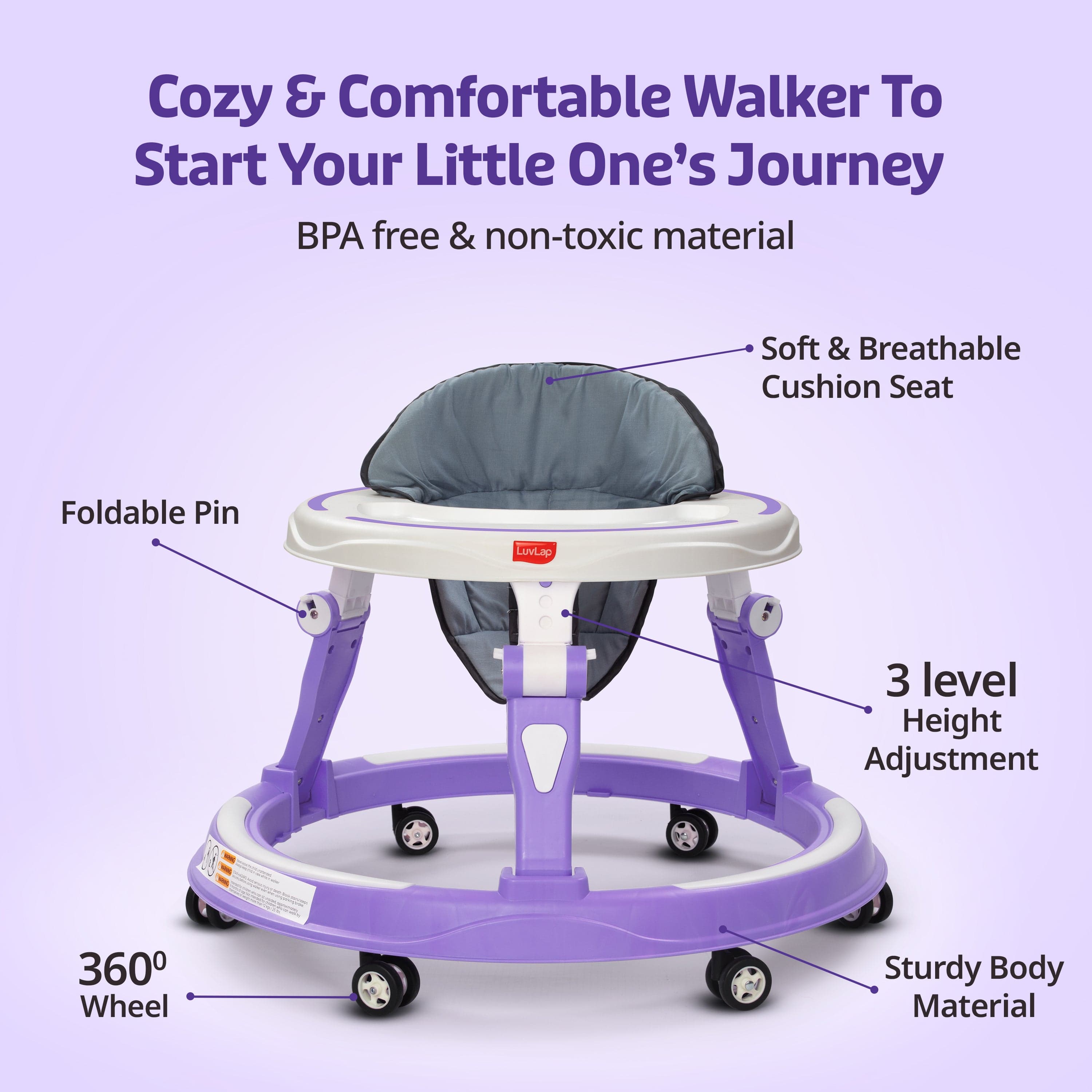 LuvLap Elegant 360° Baby Walker 9+ Months | 3 Level Height Adjustment Walker/Advanced Baby Activity Walker, Purple