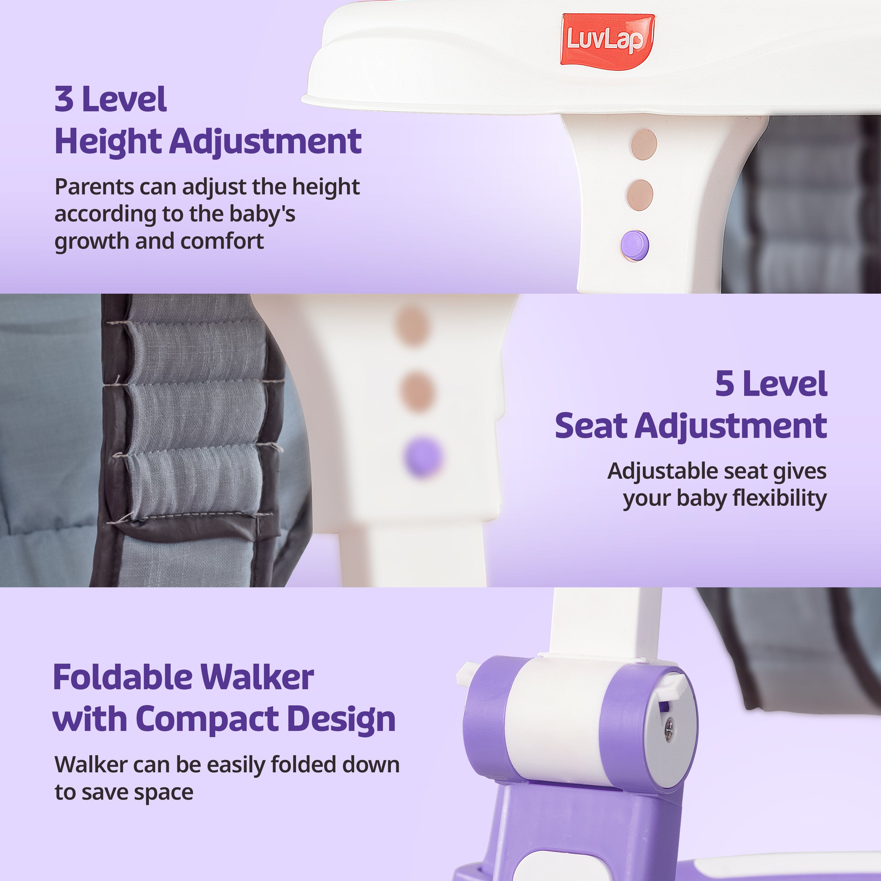 LuvLap Elegant 360° Baby Walker 9+ Months | 3 Level Height Adjustment Walker/Advanced Baby Activity Walker, Purple