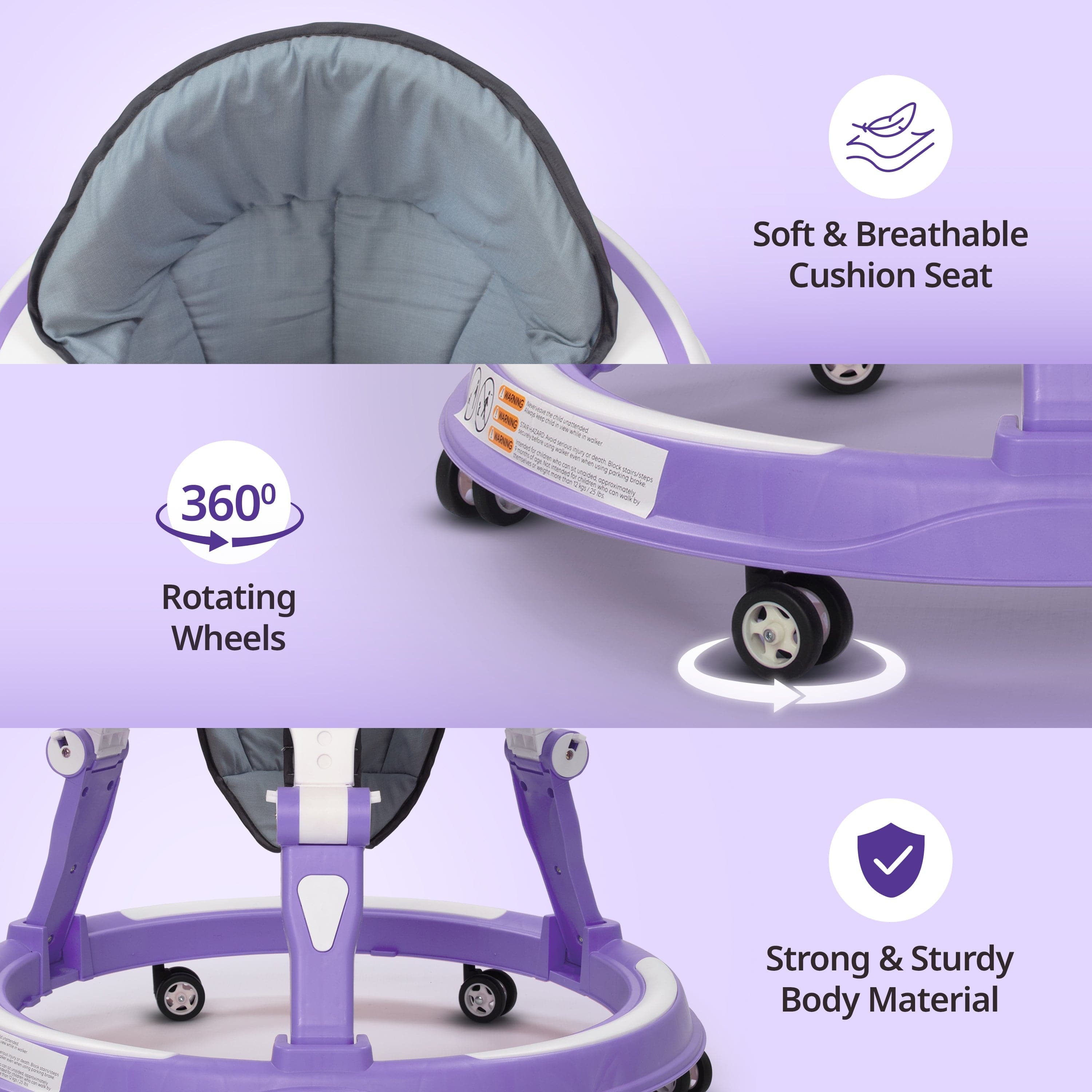 LuvLap Elegant 360° Baby Walker 9+ Months | 3 Level Height Adjustment Walker/Advanced Baby Activity Walker, Purple