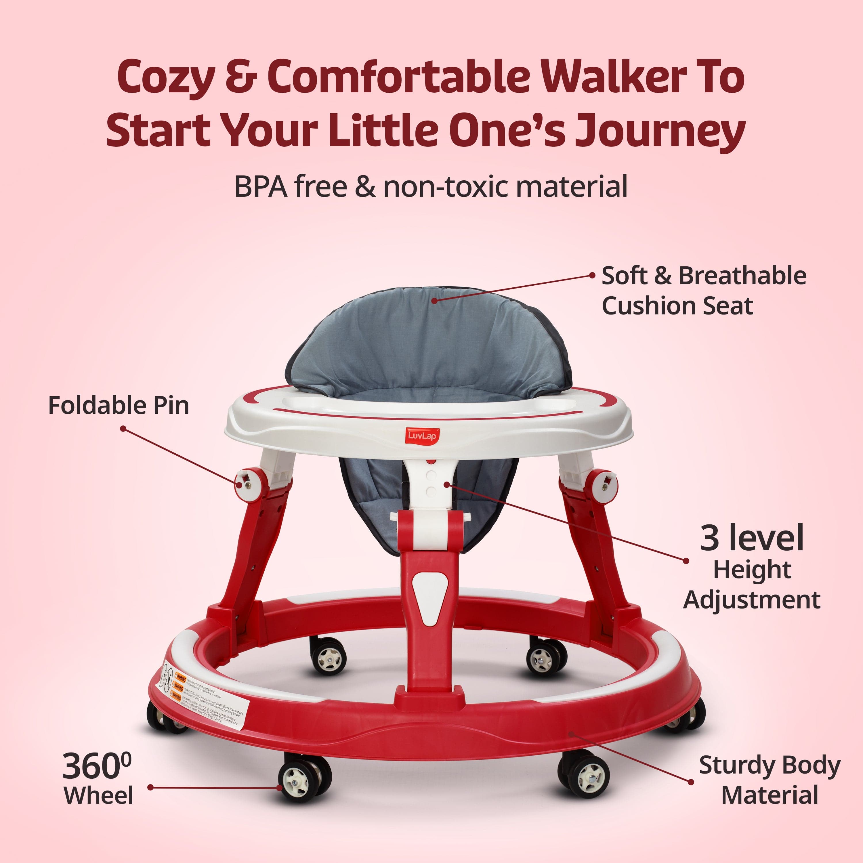 LuvLap Elegant 360° Baby Walker 9+ Months | 3 Level Height Adjustment Walker/Advanced Baby Activity Walker, Raspberry